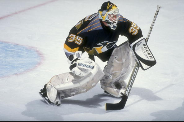 14 Oct 1998:  Goaltender Tom Barrasso #35 of the Pittsburgh Penguins in action during the game against the New Jersey Devils at the Continental Airlines Arena in East Rutherford, New Jersey. The Penguins defeated the Devils 3-1. Mandatory Credit: Al Bello