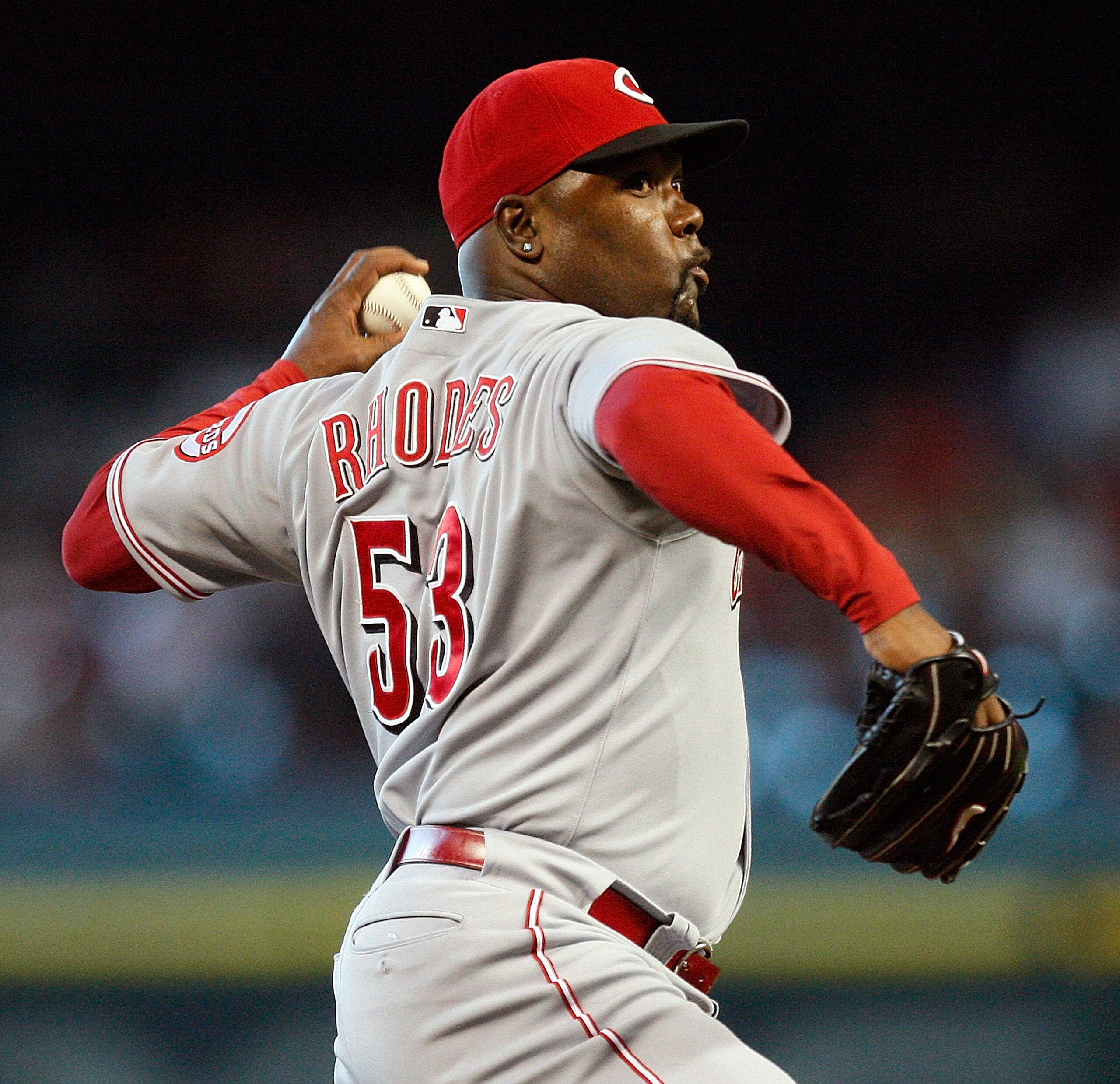 HOUSTON - JULY 25:  Arthur Rhodes #53 of the Cincinnati Reds pitches during the seventh inning against the Houston Astros on July 25, 2010 in Houston, Texas.  (Photo by Bob Levey/Getty Images)
