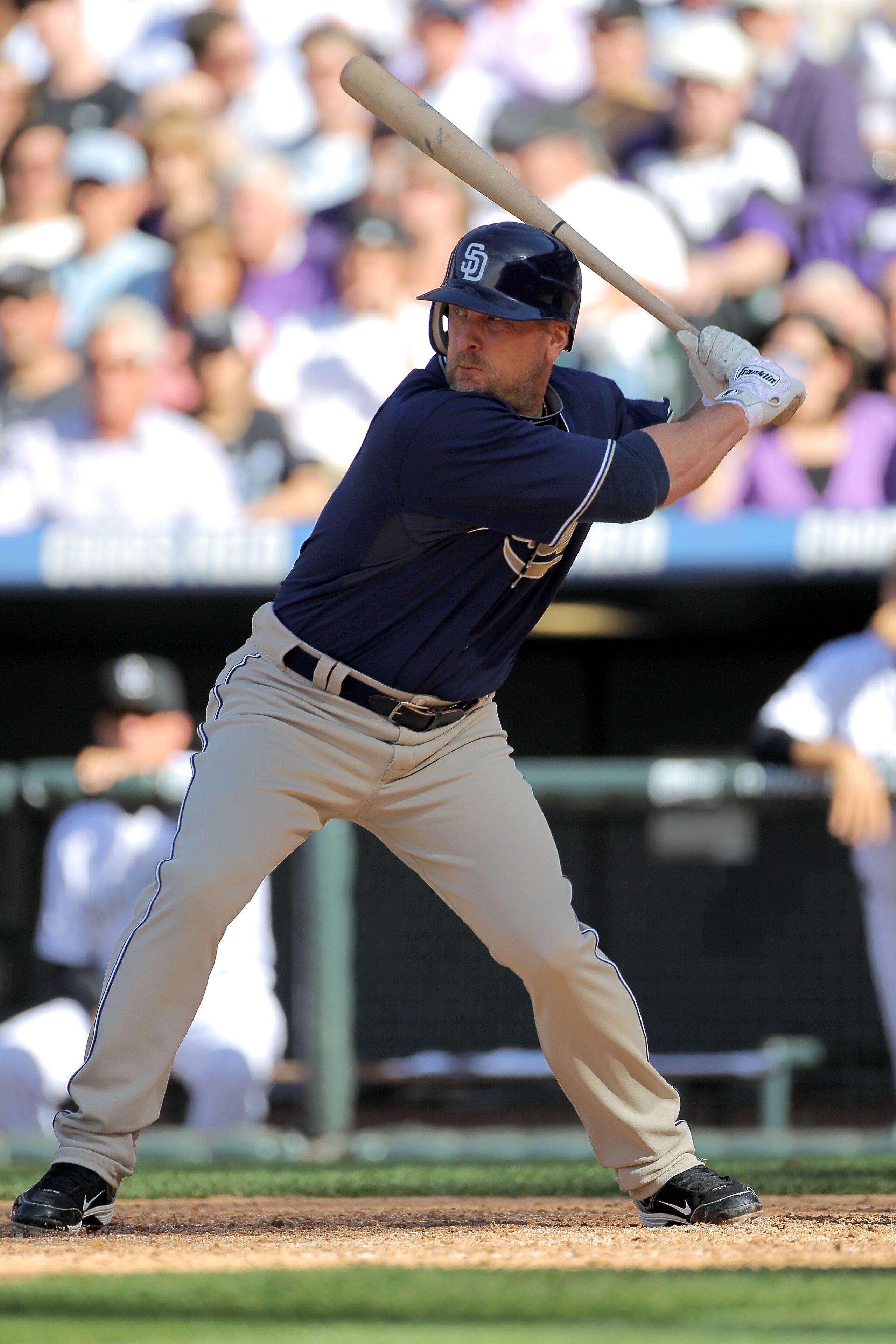 DENVER - APRIL 09:  Matt Stairs #16 of the San Diego Padres pinch hits against the Colorado Rockies during MLB action on Opening Day at Coors Field on April 9, 2010 in Denver, Colorado. The Rockies defeated the Padres 7-0.  (Photo by Doug Pensinger/Getty