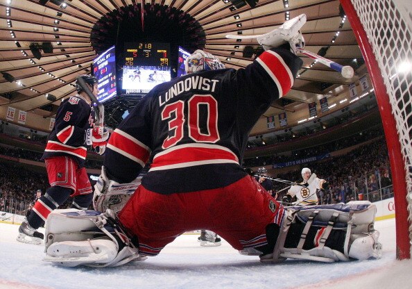 NEW YORK, NY - APRIL 04: Henrik Lundqvist #30 of the New York Rangers makes the third period save against the Boston Bruins at Madison Square Garden on April 4, 2011 in New York City. The Rangers defeated the Bruins 5-3.  (Photo by Bruce Bennett/Getty Ima