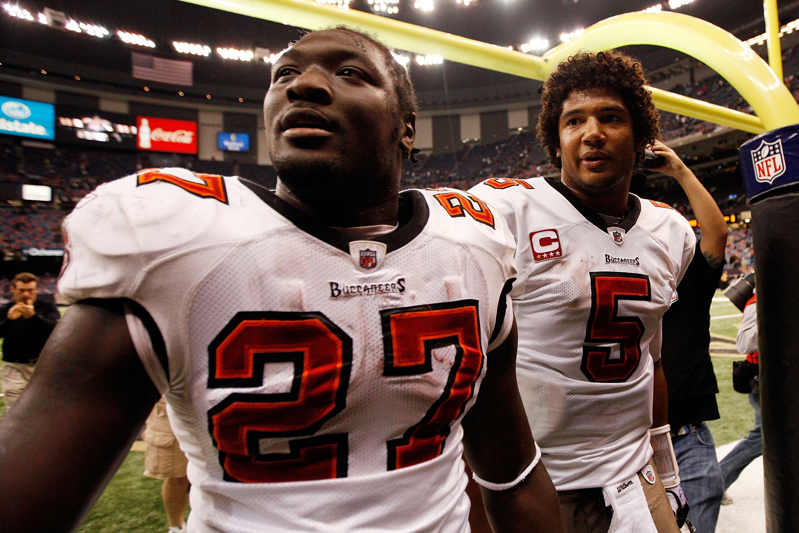 NEW ORLEANS, LA - JANUARY 02: Quarterback Josh Freeman #5 celebrates with LeGarrette Blount #27 of the Tampa Bay Buccaneers after defeating the New Orleans Saints 23-13 at the Louisiana Superdome on January 2, 2011 in New Orleans, Louisiana. (Photo by NEW ORLEANS, LA - JANUARY 02: Quarterback Josh Freeman #5 celebrates with LeGarrette Blount #27 of the Tampa Bay Buccaneers after defeating the New Orleans Saints 23-13 at the Louisiana Superdome on January 2, 2011 in New Orleans, Louisiana. (Photo by