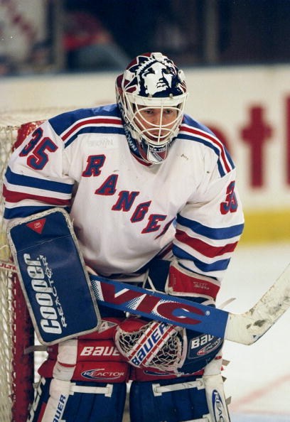 2 Mar 1998:  Goalie Mike Richter #35 of the New York Rangers looks down the ice during a game against the Buffalo Sabres at Madison Square Garden in New York City, New York. The Sabres defeated the Rangers 1-0. Mandatory Credit: Ezra C. Shaw  /Allsport