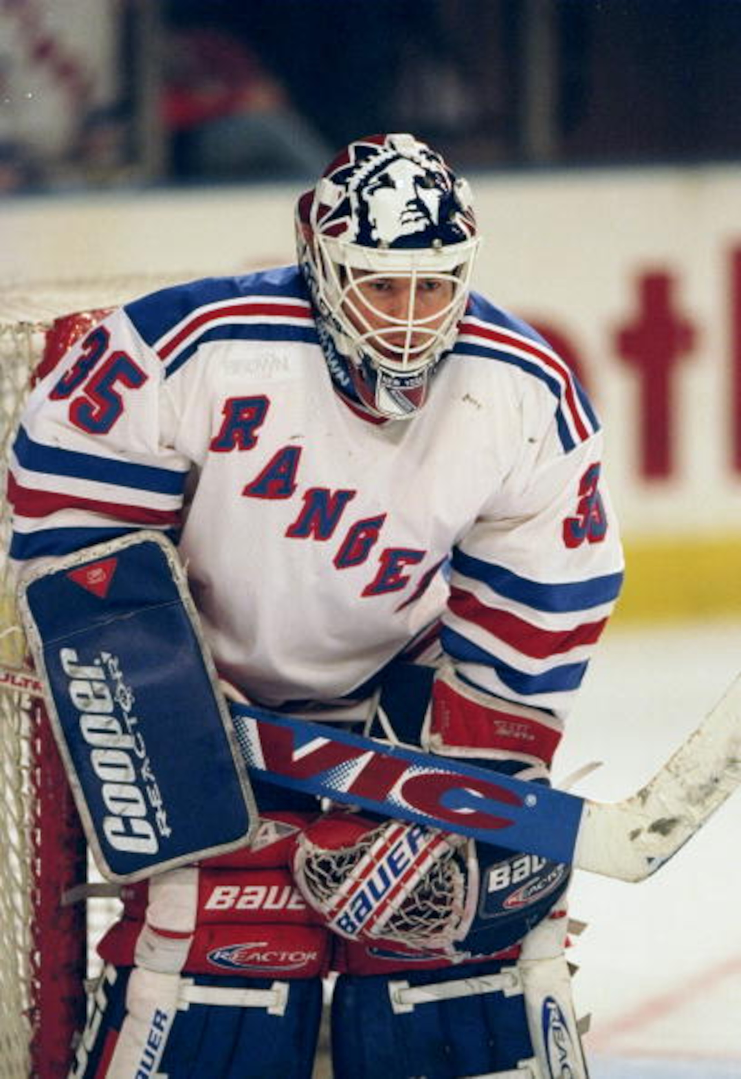 2 Mar 1998:  Goalie Mike Richter #35 of the New York Rangers looks down the ice during a game against the Buffalo Sabres at Madison Square Garden in New York City, New York. The Sabres defeated the Rangers 1-0. Mandatory Credit: Ezra C. Shaw  /Allsport