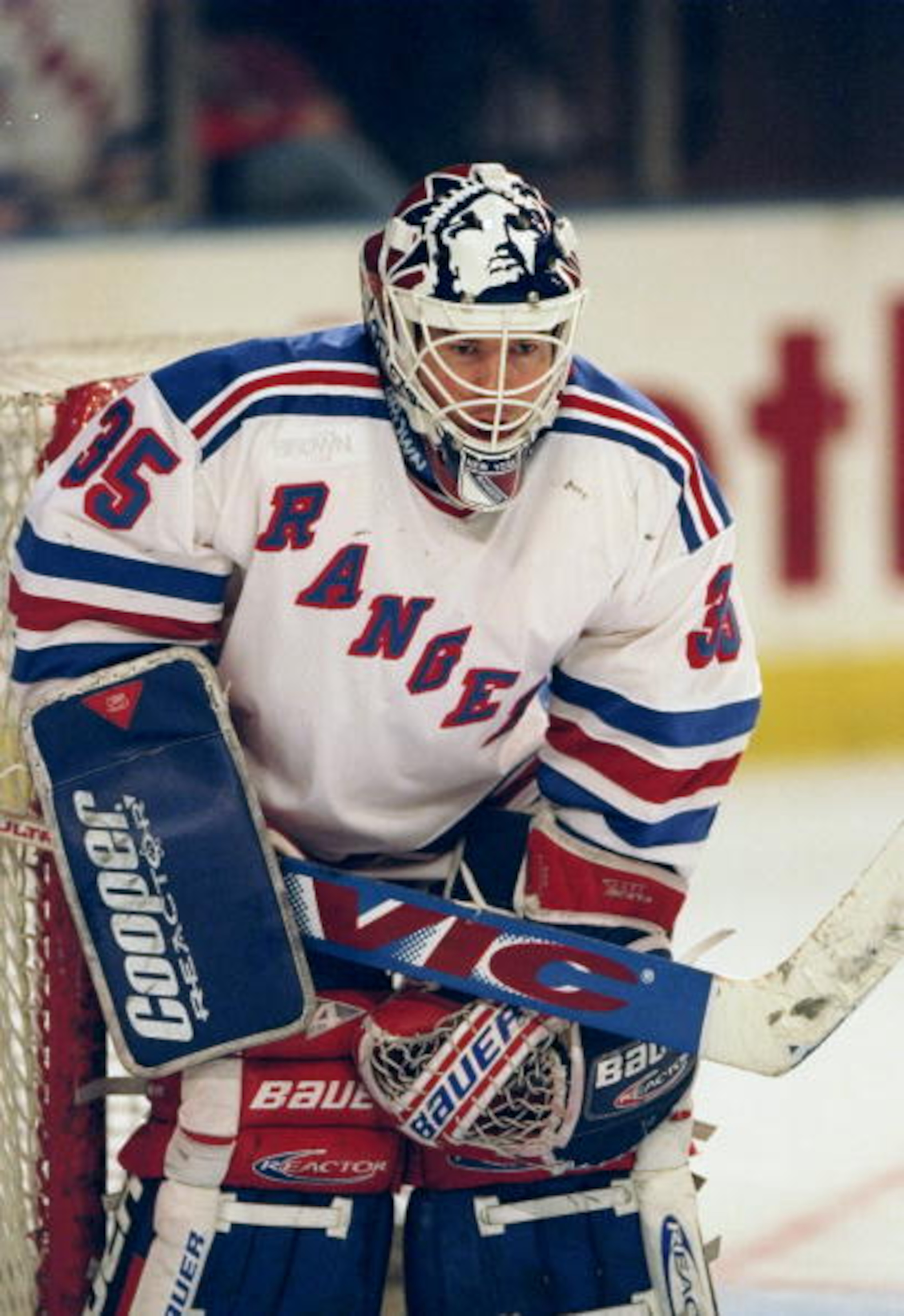 2 Mar 1998:  Goalie Mike Richter #35 of the New York Rangers looks down the ice during a game against the Buffalo Sabres at Madison Square Garden in New York City, New York. The Sabres defeated the Rangers 1-0. Mandatory Credit: Ezra C. Shaw  /Allsport
