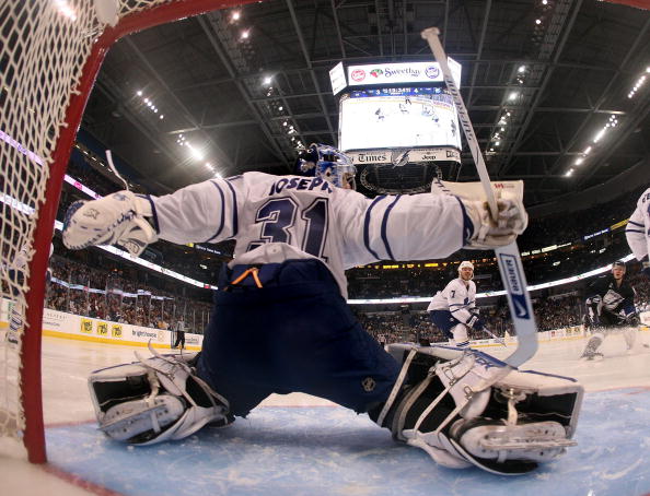 TAMPA, FL - FEBRUARY 12: Curtis Joseph #31 of the Toronto Maple Leafs tends net against the Tampa Bay Lightning on February 12, 2009 at the St. Pete Times Forum in Tampa, Florida. (Photo by Bruce Bennett/Getty Images)