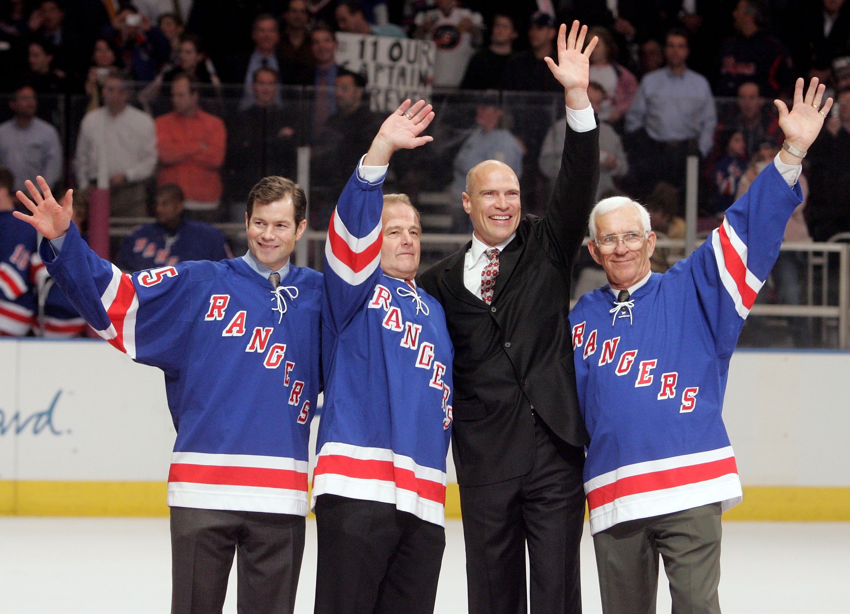 NEW YORK - JANUARY 12:  Mark Messier (2nd-R) poses with Mike Richter (L), Rod Gilbert, and Ed Giacomin during the ceremony to retired his #11 on January 12, 2006 at Madison Square Garden in New York City. The four are the only members of the Rangers to ha