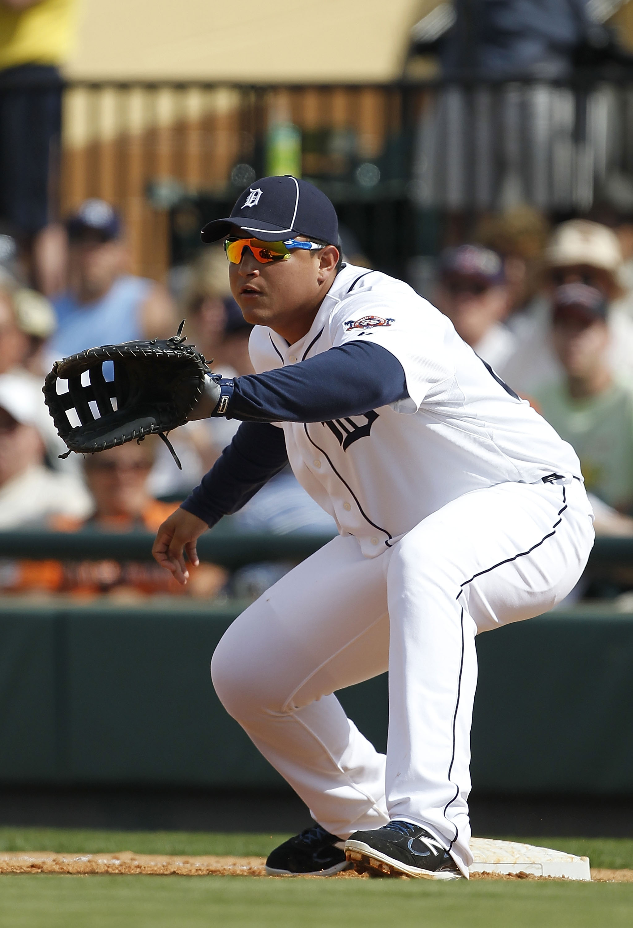LAKELAND, FL - MARCH 02:  Miguel Cabrera #24 of the Detroit Tigers plays first base during the game against the Houston Astros at Joker Marchant Stadium on March 2, 2011 in Lakeland, Florida. The Astros defeated the Tigers 6-3.  (Photo by Leon Halip/Getty