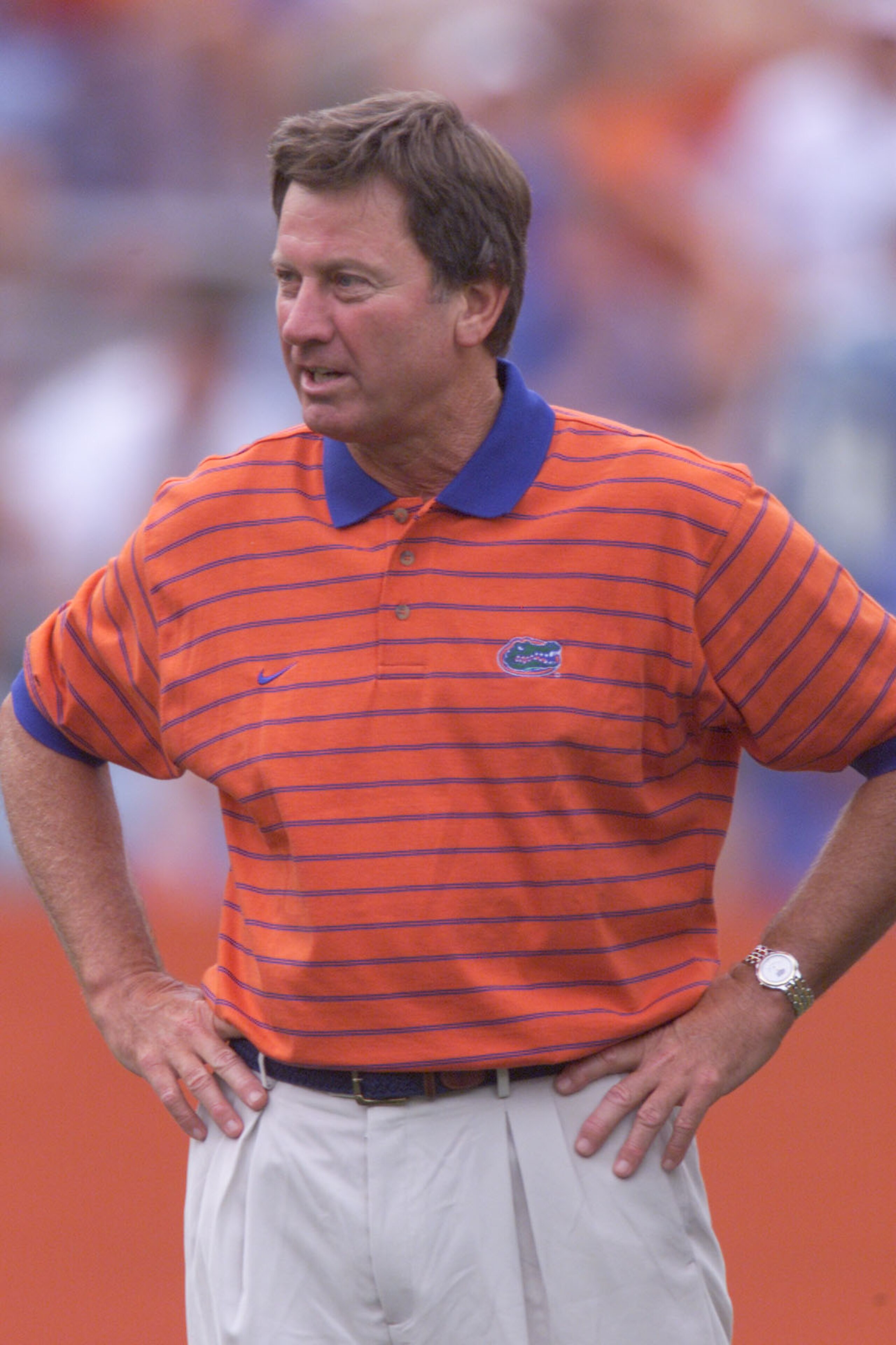 1 Sep 2001: Steve Spurrier head coach of the Florida Gators looks on  during warm up before the game against the Marshall Herd at Florida Field in Gainesville, Florida. Florida won 49-14. DIGITAL IMAGE. Mandatory Credit: Eliot Schechter/Allsport