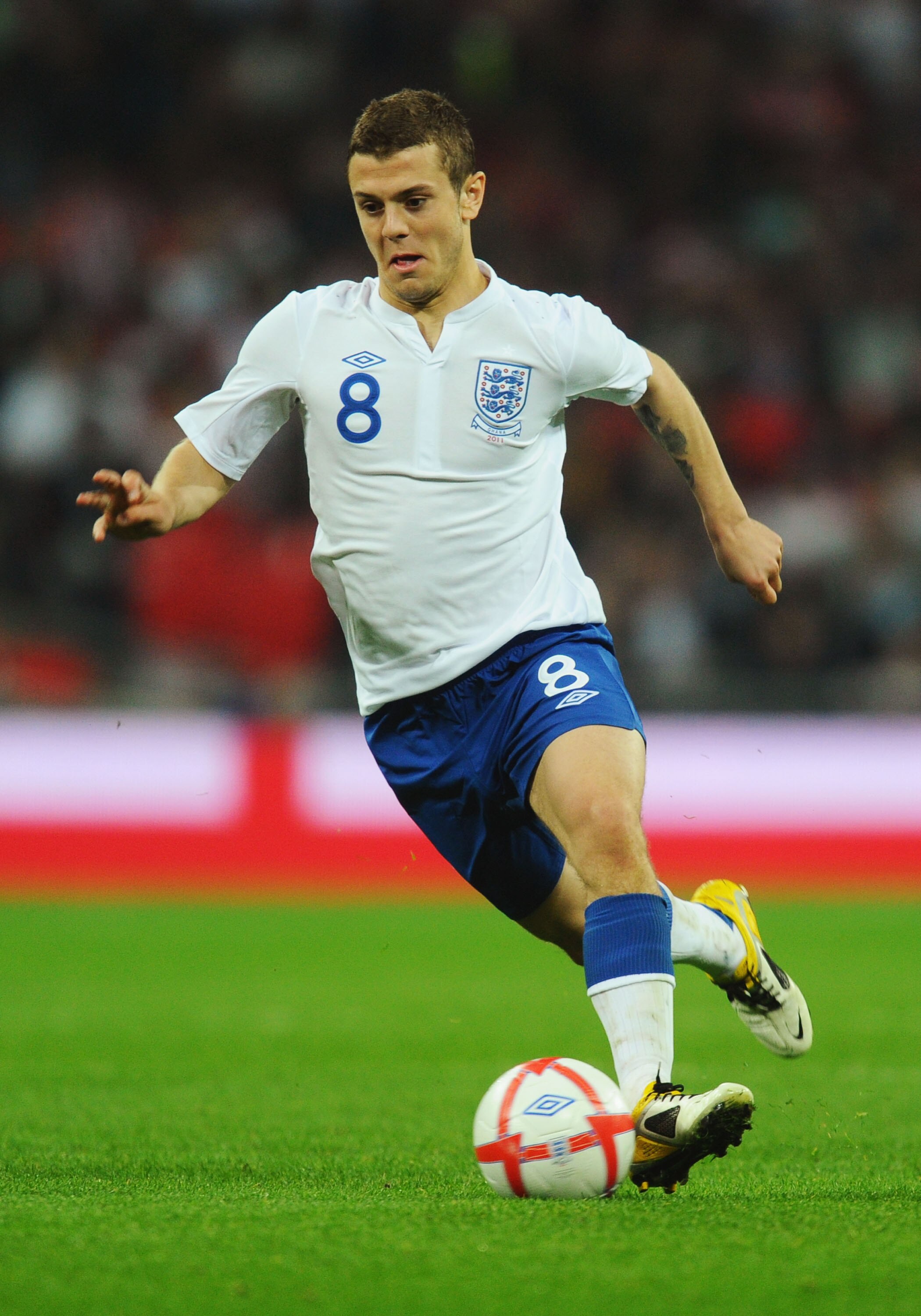 LONDON, ENGLAND - MARCH 29:  Jack Wilshere of England in action during the international friendly match between England and Ghana at Wembley Stadium on March 29, 2011 in London, England.  (Photo by Mike Hewitt/Getty Images)
