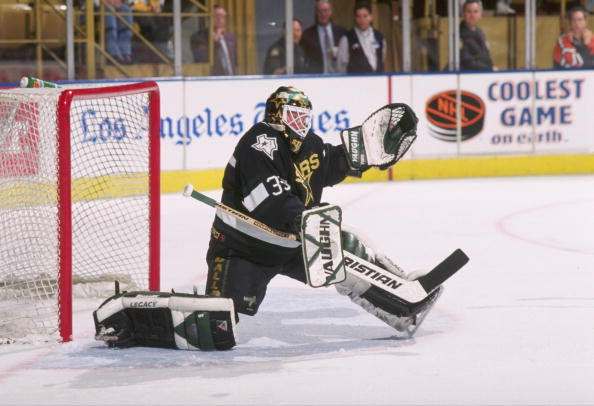 4 Apr 1997:  Goaltender Andy Moog of the Dallas Stars blocks a shot during a game against the Los Angeles Kings at the Great Western Forum in Inglewood, California.  The game was a tie, 3-3. Mandatory Credit: Elsa Hasch  /Allsport