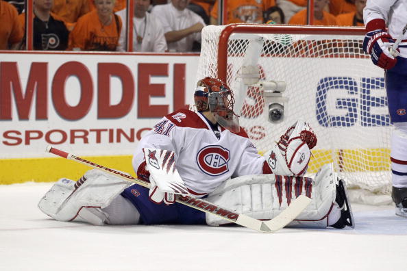 PHILADELPHIA - MAY 24:  Goalie Jaroslav Halak #41 of the Montreal Canadiens guards the net against the Philadelphia Flyers in Game 5 of the Eastern Conference Finals during the 2010 NHL Stanley Cup Playoffs at Wachovia Center on May 24, 2010 in Philadelph