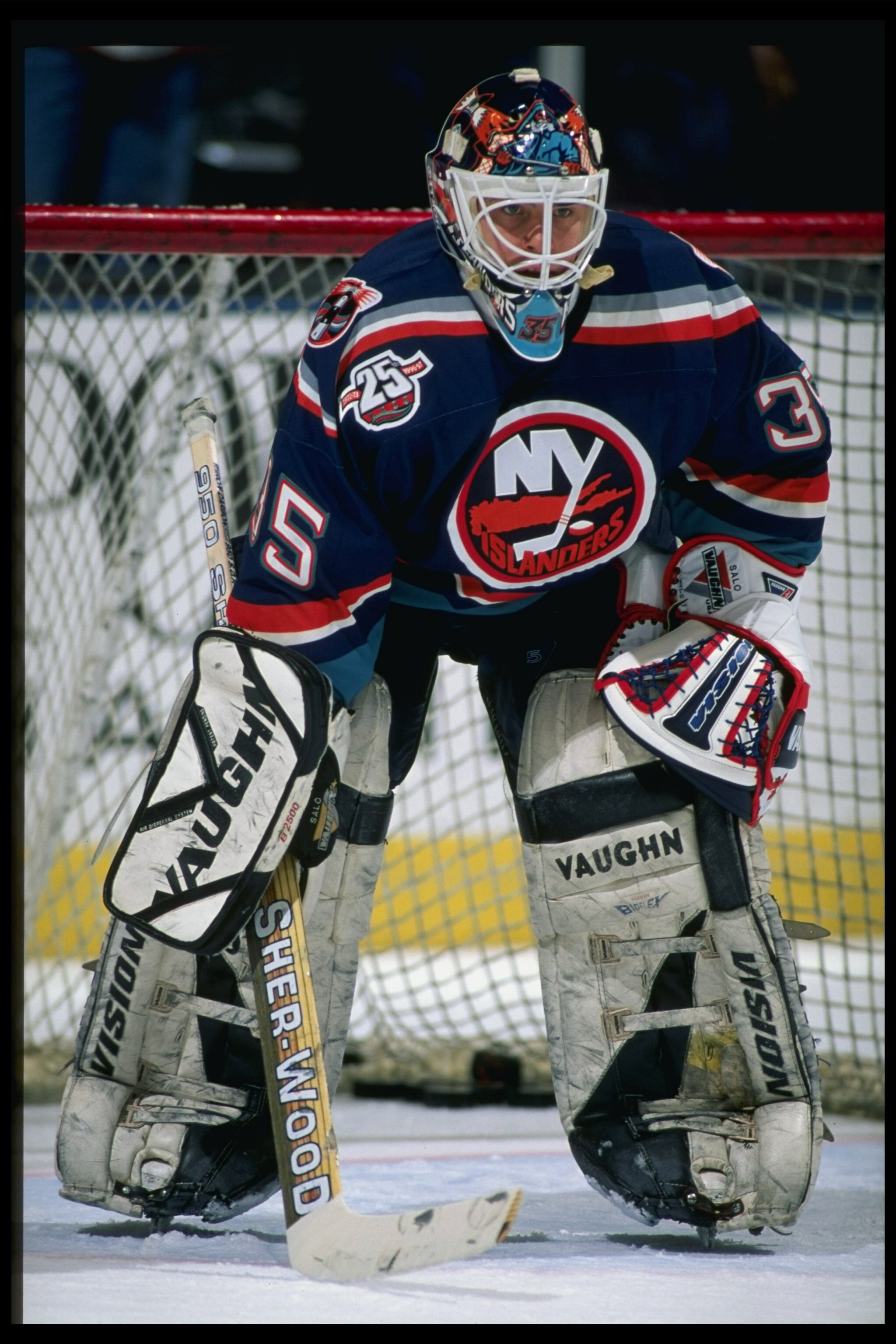 6 Feb 1996:  Goaltender Tommy Salo of the New York Islanders looks on during a game against the New Jersey Devils at the Continental Airlines Arena in East Rutherford, New Jersey.  The Devils won the game, 4-1. Mandatory Credit: Al Bello  /Allsport