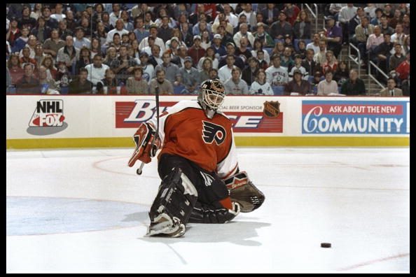 11 May 1997: Goal tender Ron Hextall of the Philadelphia Flyers attempts to block a shot during the Flyers 6-3 Eastern Conference Playoff win over the Buffalo Sabres at Marine Midland Arena in Buffalo, New York.