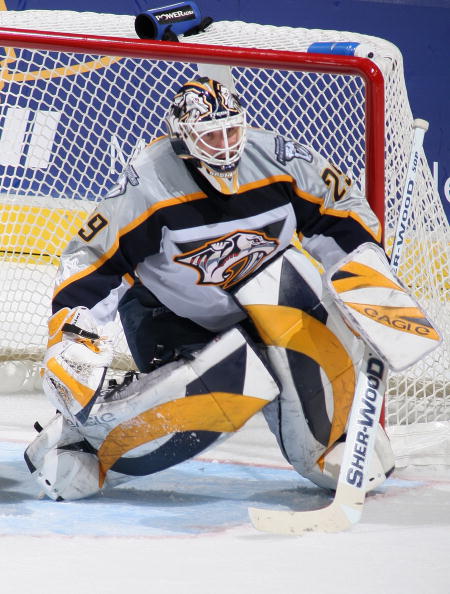 EDMONTON, CANADA - DECEMBER 30:  Goaltender Tomas Vokoun #29 of the Nashville Predators defends his net against the Edmonton Oilers at Rexall Place December 30, 2005 in Edmonton, Alberta, Canada. The Oilers defeated the Predators 4-2. (Photo by Tim Smith/