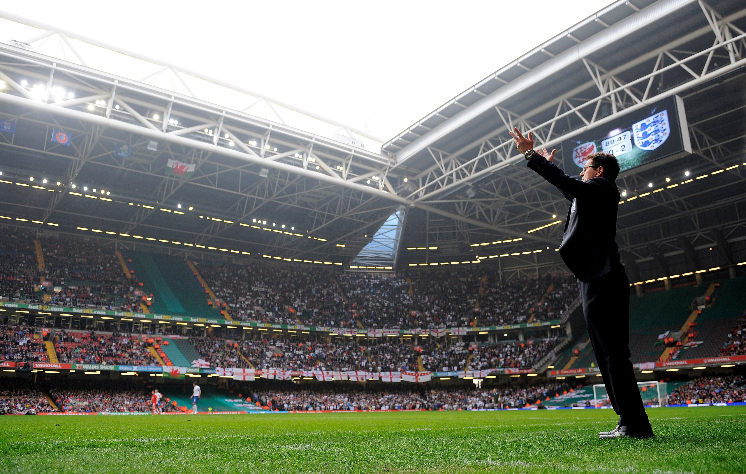 CARDIFF, WALES - MARCH 26: England manager Fabio Capello gestures during the UEFA EURO 2012 Group G qualifying match between Wales and England at the Millennium Stadium on March 26, 2011 in Cardiff, Wales. (Photo by Michael Regan/Getty Images) CARDIFF, WALES - MARCH 26: England manager Fabio Capello gestures during the UEFA EURO 2012 Group G qualifying match between Wales and England at the Millennium Stadium on March 26, 2011 in Cardiff, Wales. (Photo by Michael Regan/Getty Images)