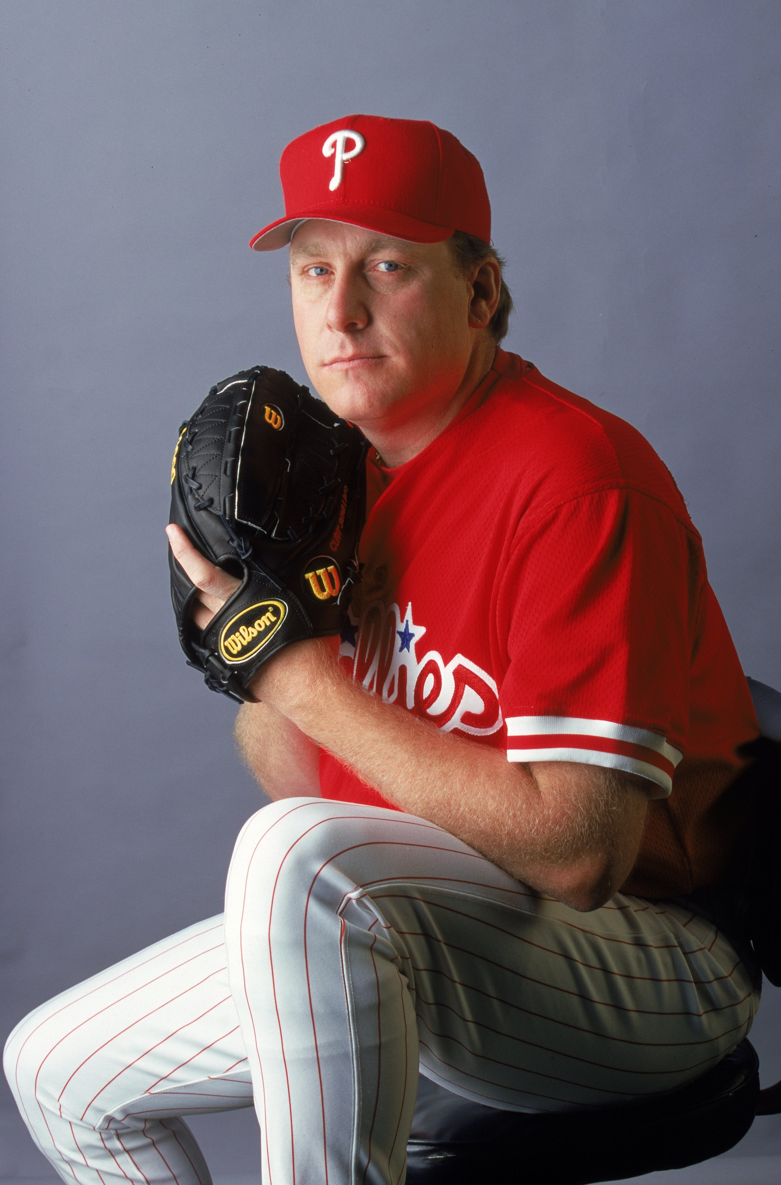 28 Feb 2000:  Pitcher Curt Schilling #38 of the Philadelphia Phillies poses for a studio portrait during Spring Training Photo Day in Clearwater, Florida. Mandatory Credit: Rick Stewart  /Allsport