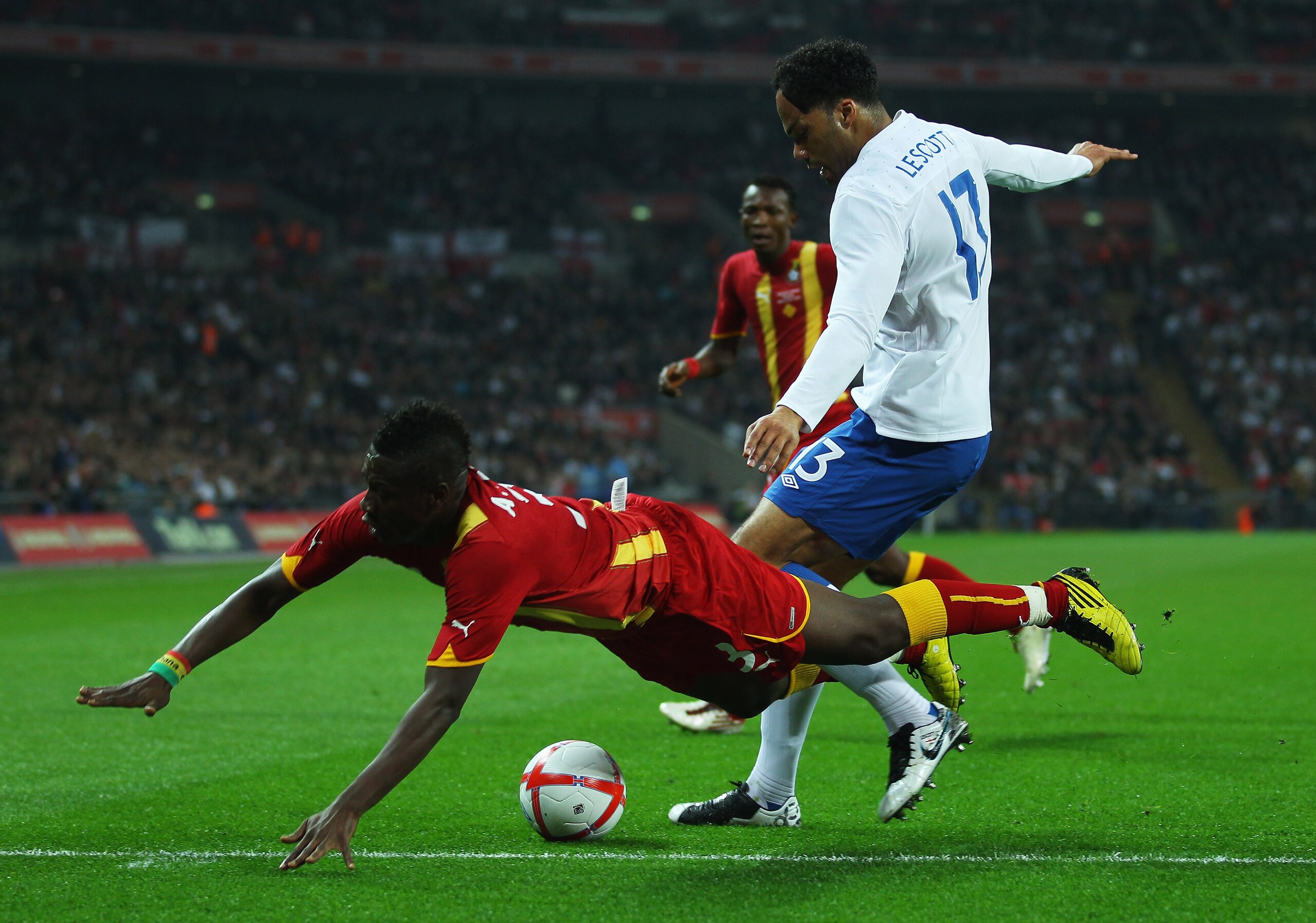 LONDON, ENGLAND - MARCH 29: Joleon Lescott of England (R) tackles Asamoah Gyan of Ghana during the international friendly match between England and Ghana at Wembley Stadium on March 29, 2011 in London, England. (Photo by Julian Finney/Getty Images) LONDON, ENGLAND - MARCH 29: Joleon Lescott of England (R) tackles Asamoah Gyan of Ghana during the international friendly match between England and Ghana at Wembley Stadium on March 29, 2011 in London, England. (Photo by Julian Finney/Getty Images)