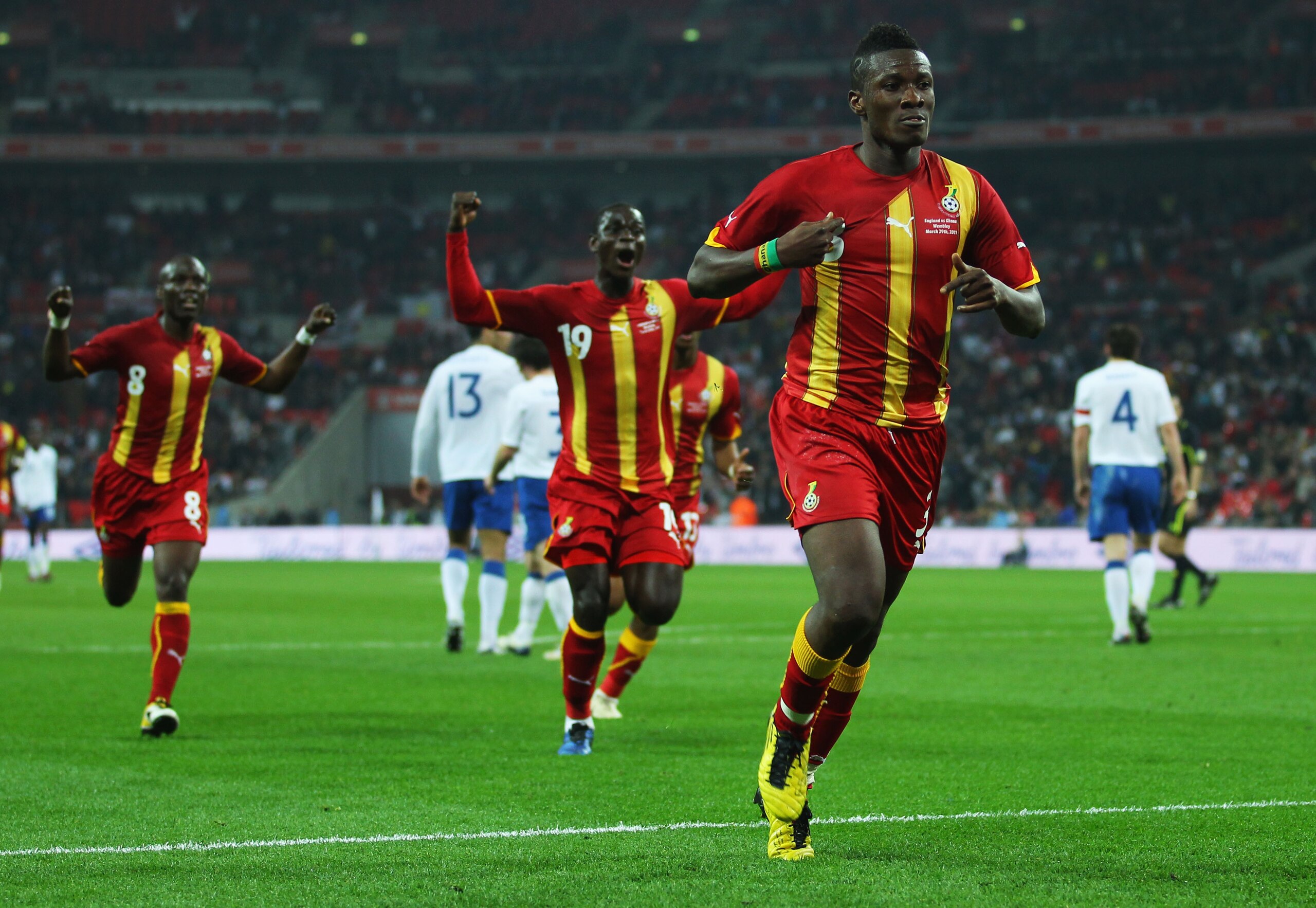 LONDON, ENGLAND - MARCH 29: Asamoah Gyan (R) of Ghana celebrates after he scores the equalising goal during the international friendly match between England and Ghana at Wembley Stadium on March 29, 2011 in London, England. (Photo by Julian Finney/Getty LONDON, ENGLAND - MARCH 29: Asamoah Gyan (R) of Ghana celebrates after he scores the equalising goal during the international friendly match between England and Ghana at Wembley Stadium on March 29, 2011 in London, England. (Photo by Julian Finney/Getty