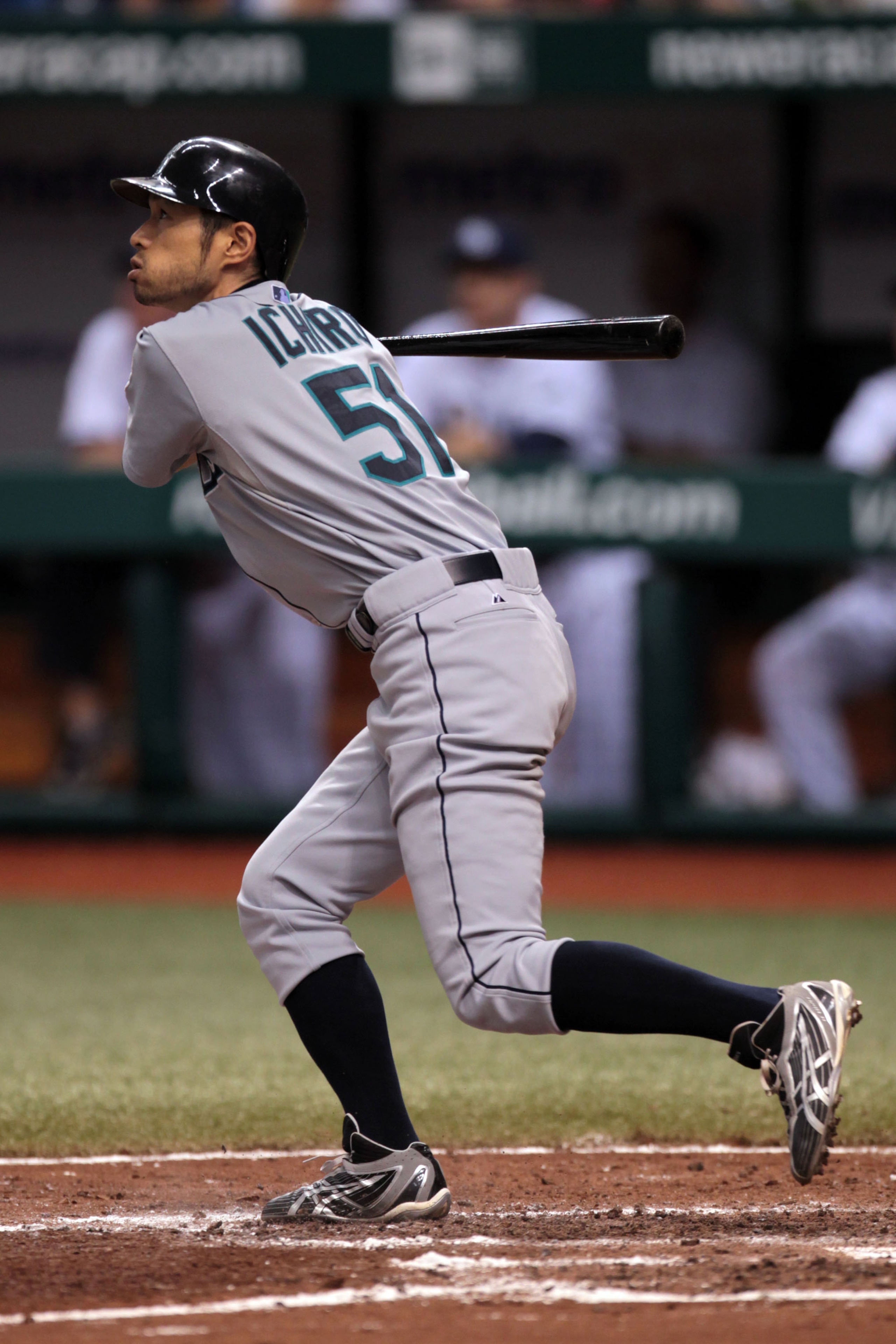 ST PETERSBURG, FL - SEPTEMBER 25: Ichiro Suzuki #51 of the Seattle Mariners watches a hit fly against the Tampa Bay Rays at Tropicana Field on September 25, 2010 in St. Petersburg, Florida. (Photo by Eliot J. Schechter/Getty Images)