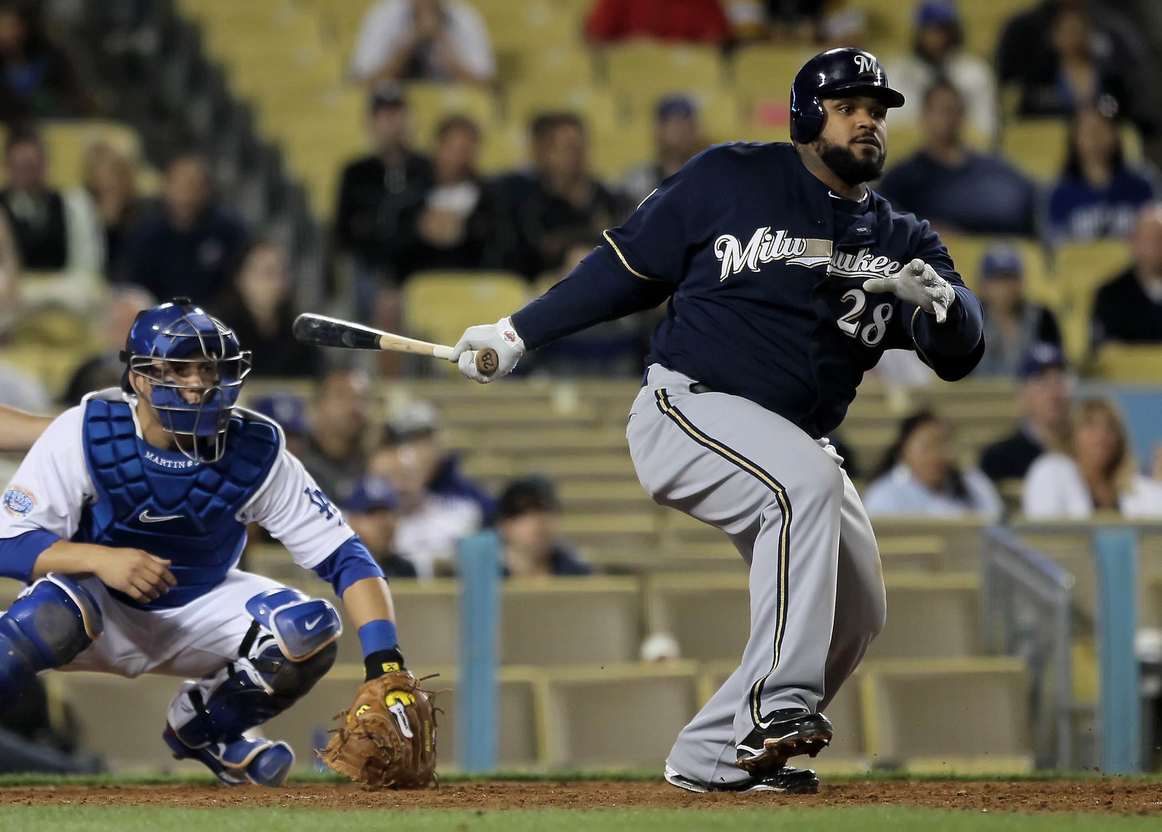 LOS ANGELES, CA - MAY 06:  Prince Fielder #28 of the Milwaukee Brewers hits a single in the ninth inning against the Los Angeles Dodgers at Dodger Stadium on May 6, 2010 in Los Angeles, California.  The Dodgers defeated the Brewers 7-3.  (Photo by Jeff Gr