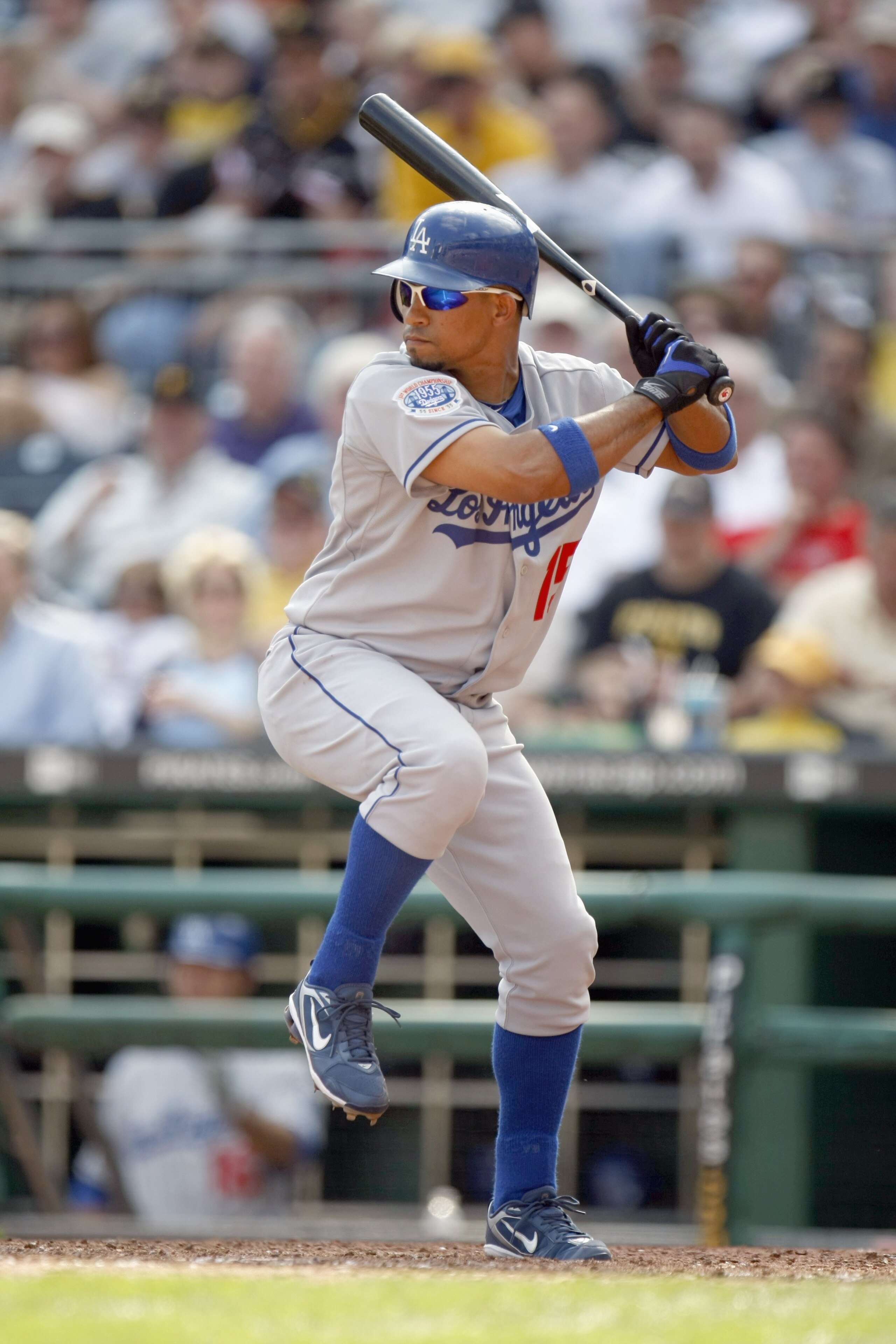 PITTSBURGH - APRIL 05: Rafael Furcal #15 of the Los Angeles Dodgers steps into the swing during season home opener game against the Pittsburgh Pirates on April 5, 2010 at PNC Park in Pittsburgh, Pennsylvania. Pittsburgh won the game 11-5. (Photo by Gregor