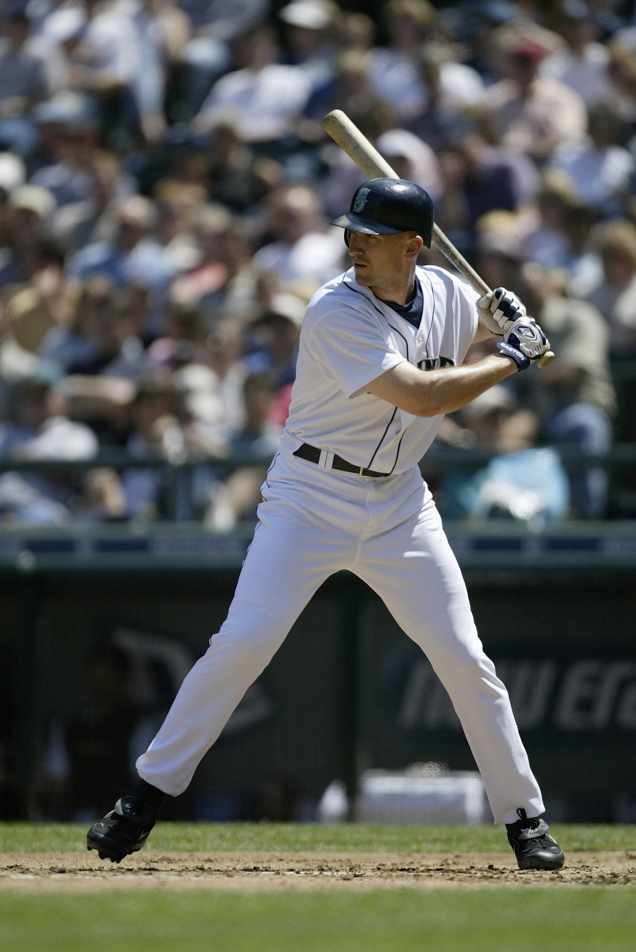 SEATTLE - JULY 1:  John Olerud #5 of the Seattle Mariners stands ready at bat during the game against the Texas Rangers on July 1, 2004 at Safeco Field in Seattle, Washington.  The Mariners defeated the Rangers 8-4.  (Photo by Otto Greule Jr/Getty Images)