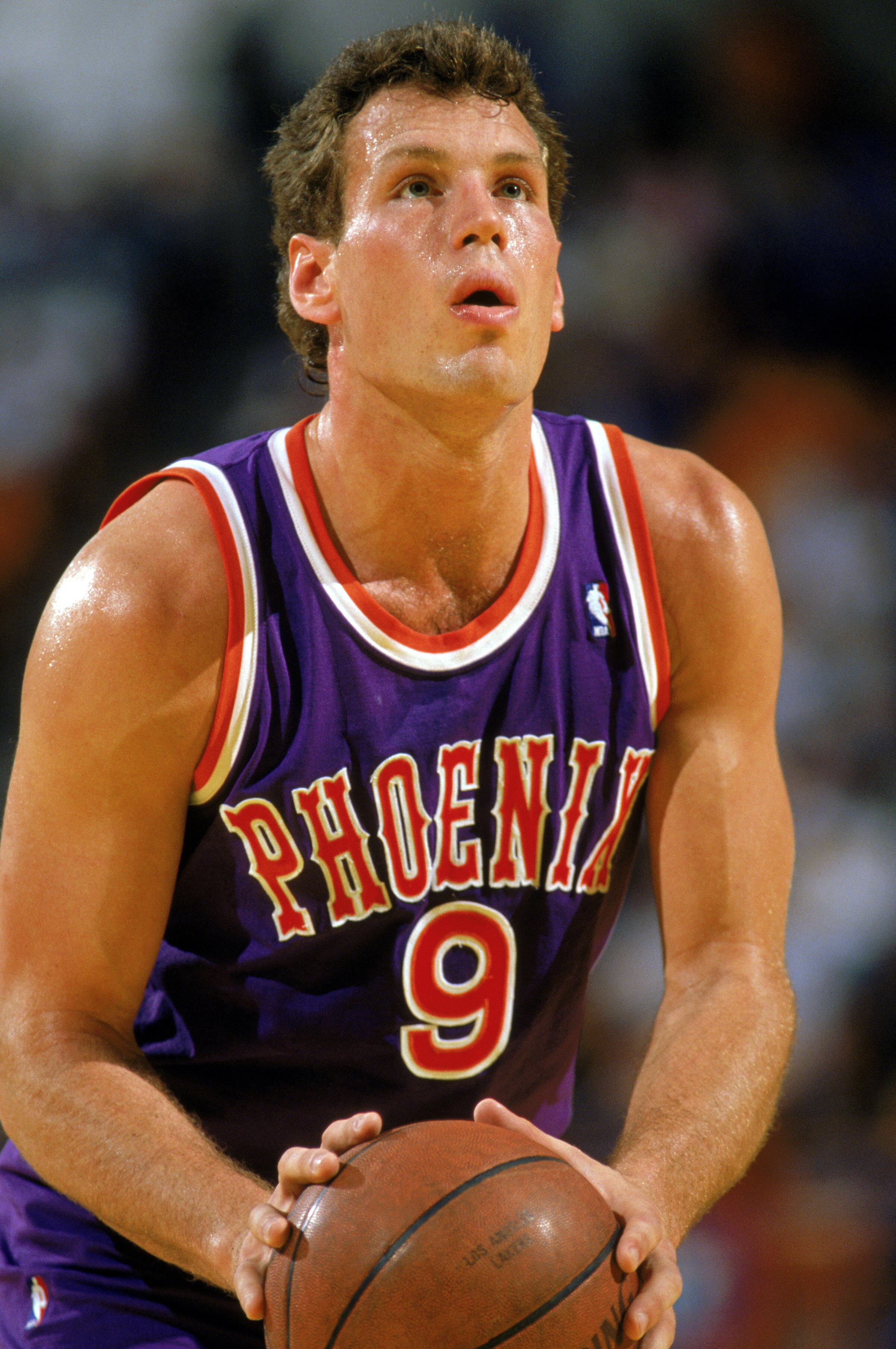 INGLEWOOD, CA - 1989:  Dan Majerle #9 of the Phoenix Suns shoots a free throw against the Los Angeles Lakers during the game at the Great Western Forum in Inglewood, California.  (Photo by Mike Powell/Getty Images)