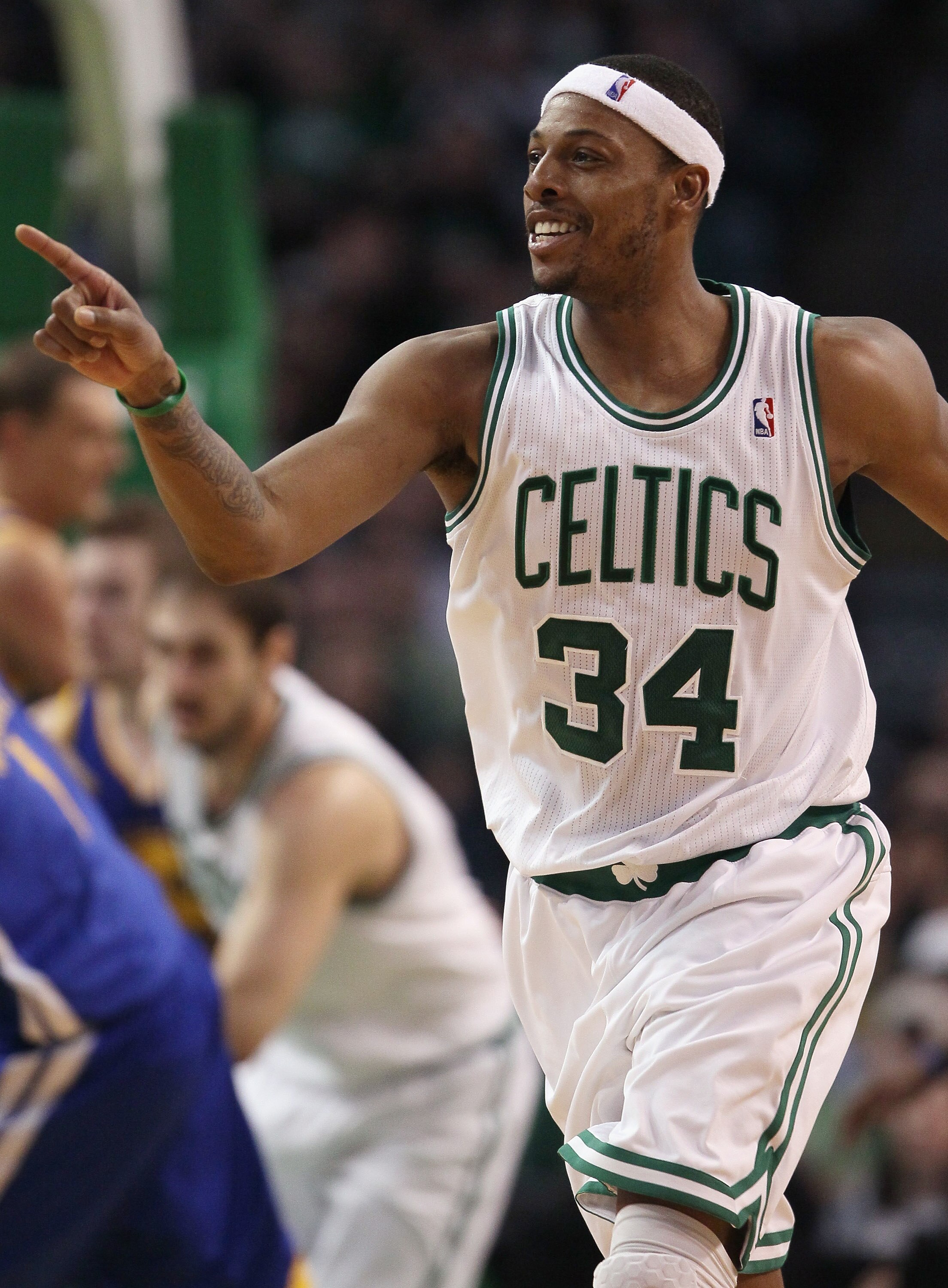 BOSTON, MA - MARCH 04:  Paul Pierce #34 of the Boston Celtics celebrates his shot in the fourth quarter against the Golden State Warriors on March 4, 2011 at the TD Garden in Boston, Massachusetts.  The Celtics defeated the Warriors 107-103. NOTE TO USER: