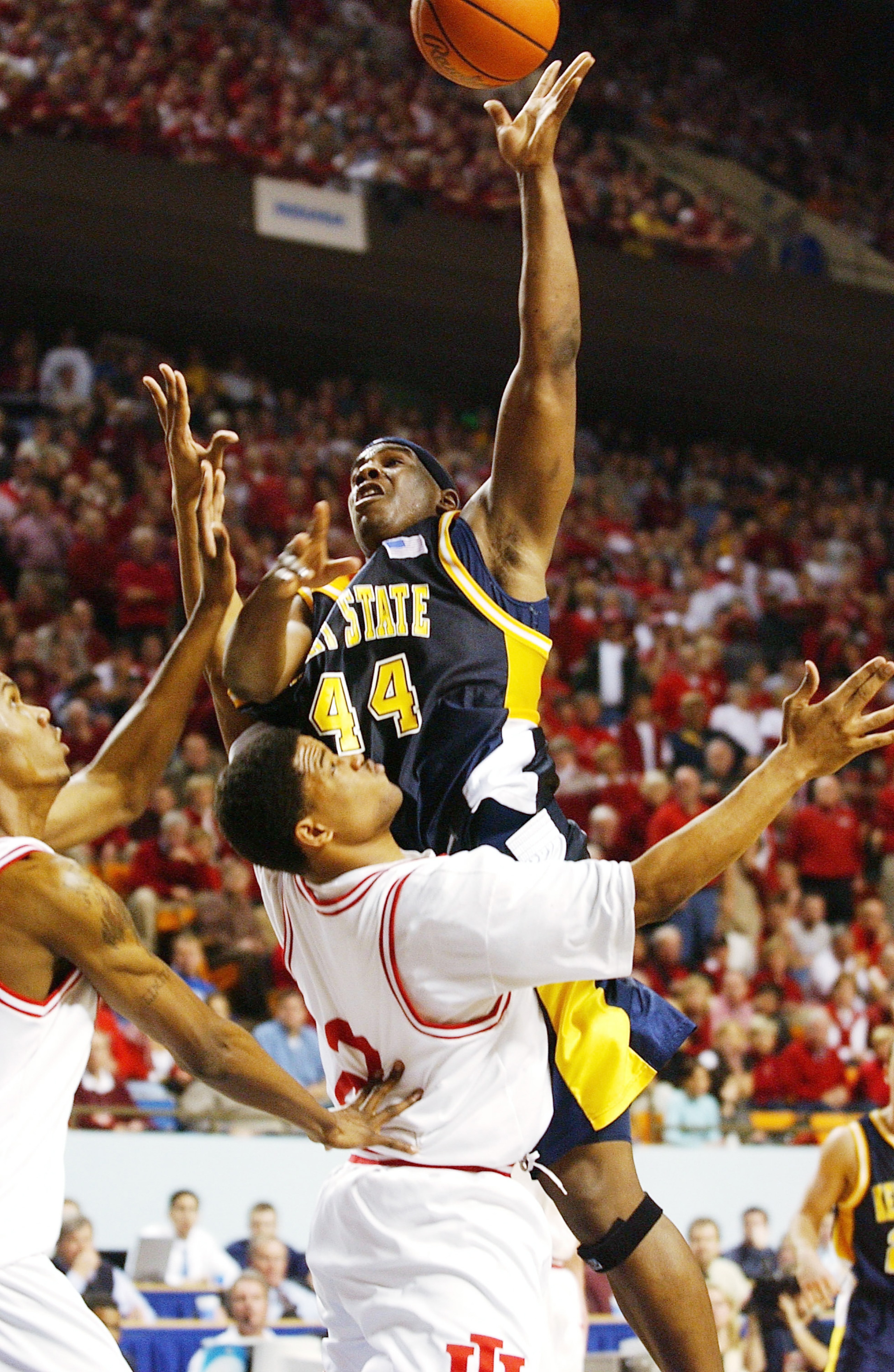 23 Mar 2002: Antonio Gates #44  of the Kent State Golden Eagles shoots over A. J. Moye #2 of the Indiana Hoosiers in the second half of the Championship of the South Region of the 2002 NCAA Men's Basketball Championship at the Rupp Arena in Lexington, Ken