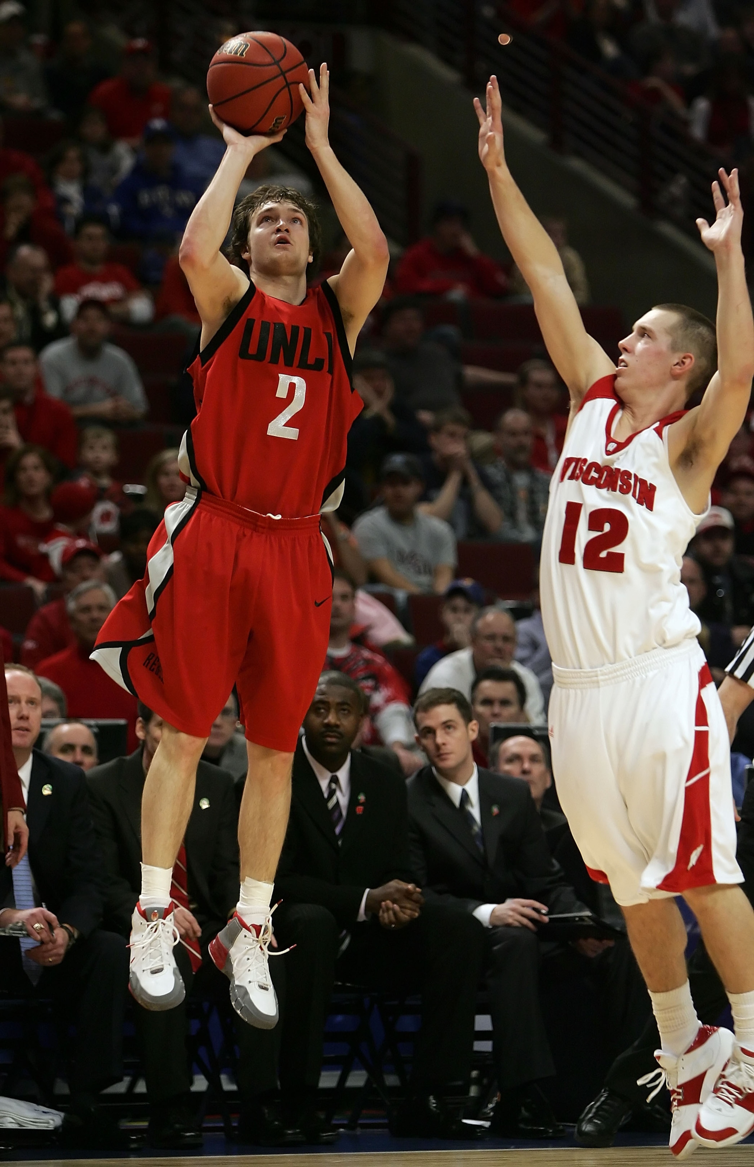 CHICAGO - MARCH 18:  Kevin Kruger #2 of the UNLV Runnin' Rebels attempts a shot against Jason Bohannon #12 of the Wisconsin Badgers during the second round of the NCAA Men's Basketball Tournament at the United Center March 18, 2007 in Chicago, Illinois. U