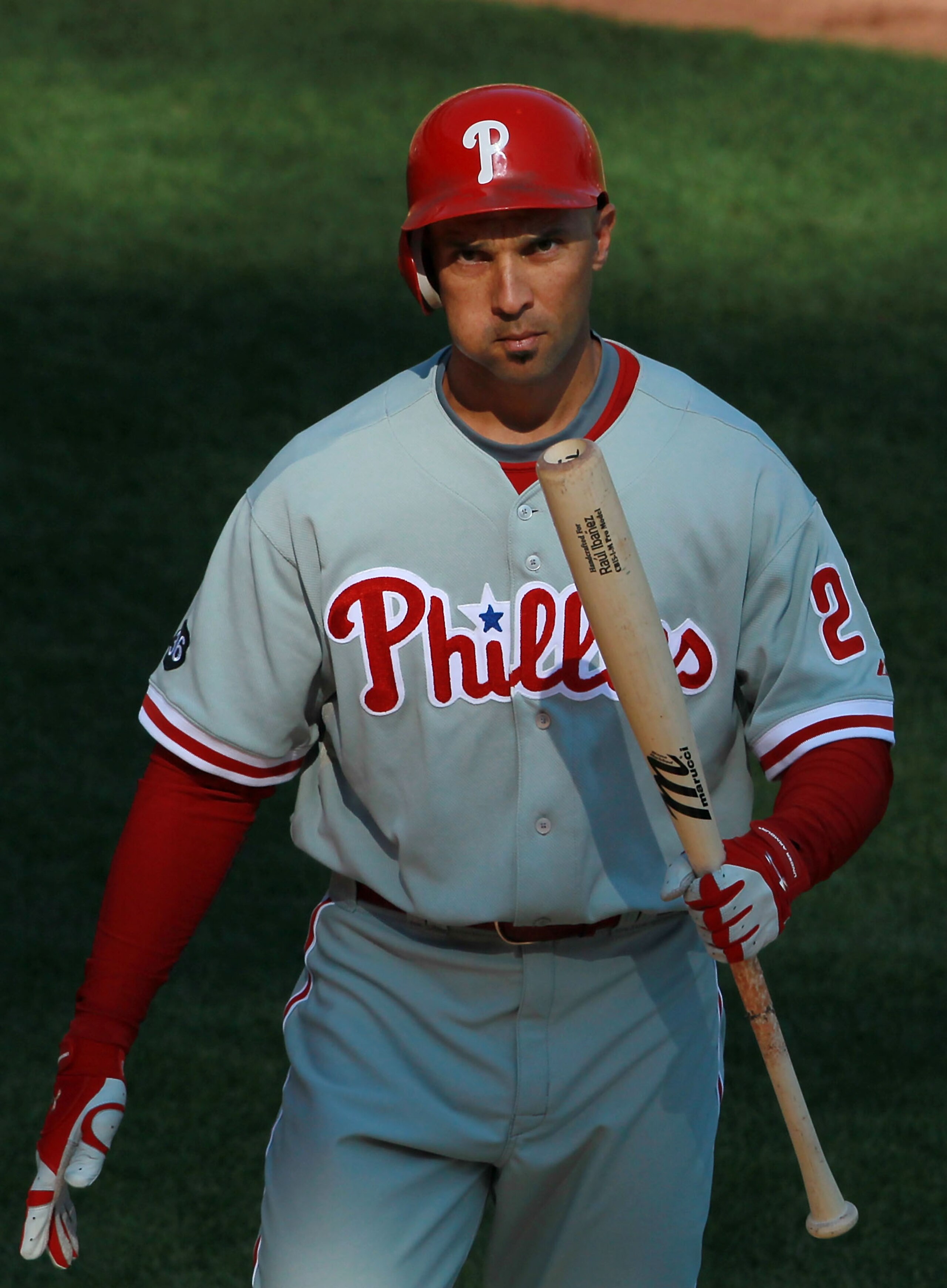 SAN FRANCISCO - OCTOBER 19:  Raul Ibanez #29 of the Philadelphia Phillies reacts after an at-bat against the San Francisco Giants in Game Three of the NLCS during the 2010 MLB Playoffs at AT&T Park on October 19, 2010 in San Francisco, California.  (Photo