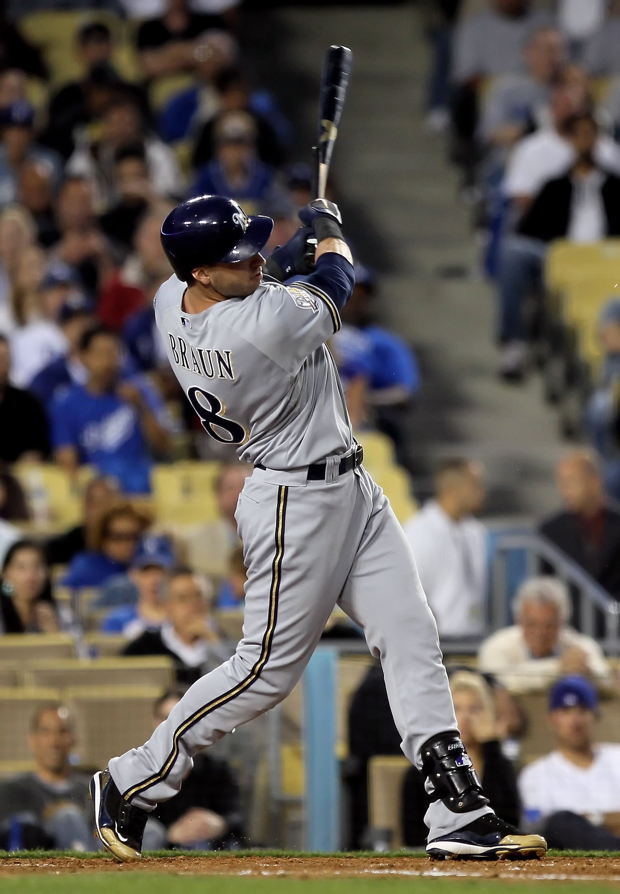 LOS ANGELES, CA - MAY 04:  Ryan Braun #8 of the Milwaukee Brewers bats against the Los Angeles Dodgers at Dodger Stadium on May 4, 2010 in Los Angeles, California. The Brewers defeated the Dodgers 11-6.  (Photo by Jeff Gross/Getty Images)