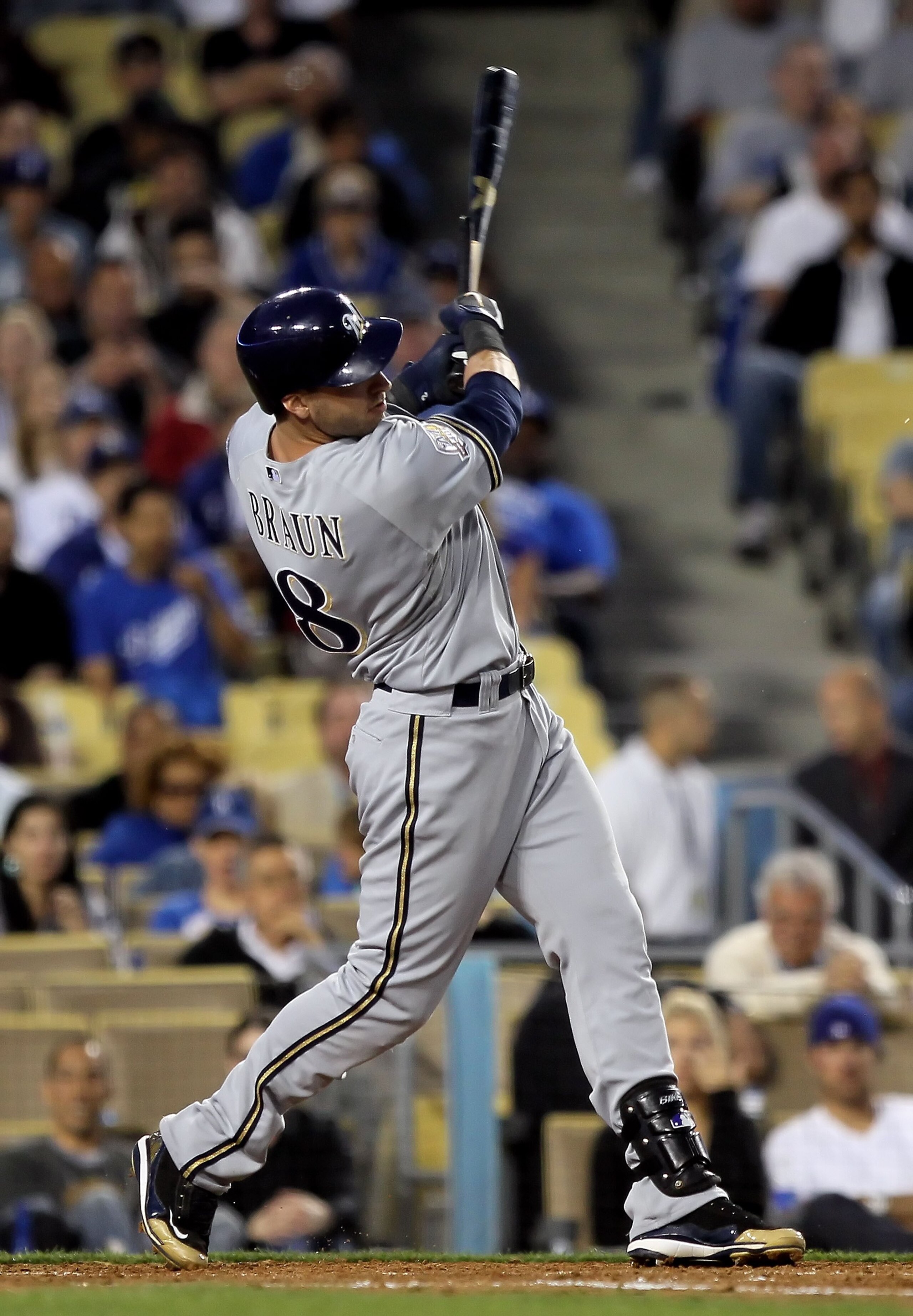 LOS ANGELES, CA - MAY 04:  Ryan Braun #8 of the Milwaukee Brewers bats against the Los Angeles Dodgers at Dodger Stadium on May 4, 2010 in Los Angeles, California. The Brewers defeated the Dodgers 11-6.  (Photo by Jeff Gross/Getty Images)