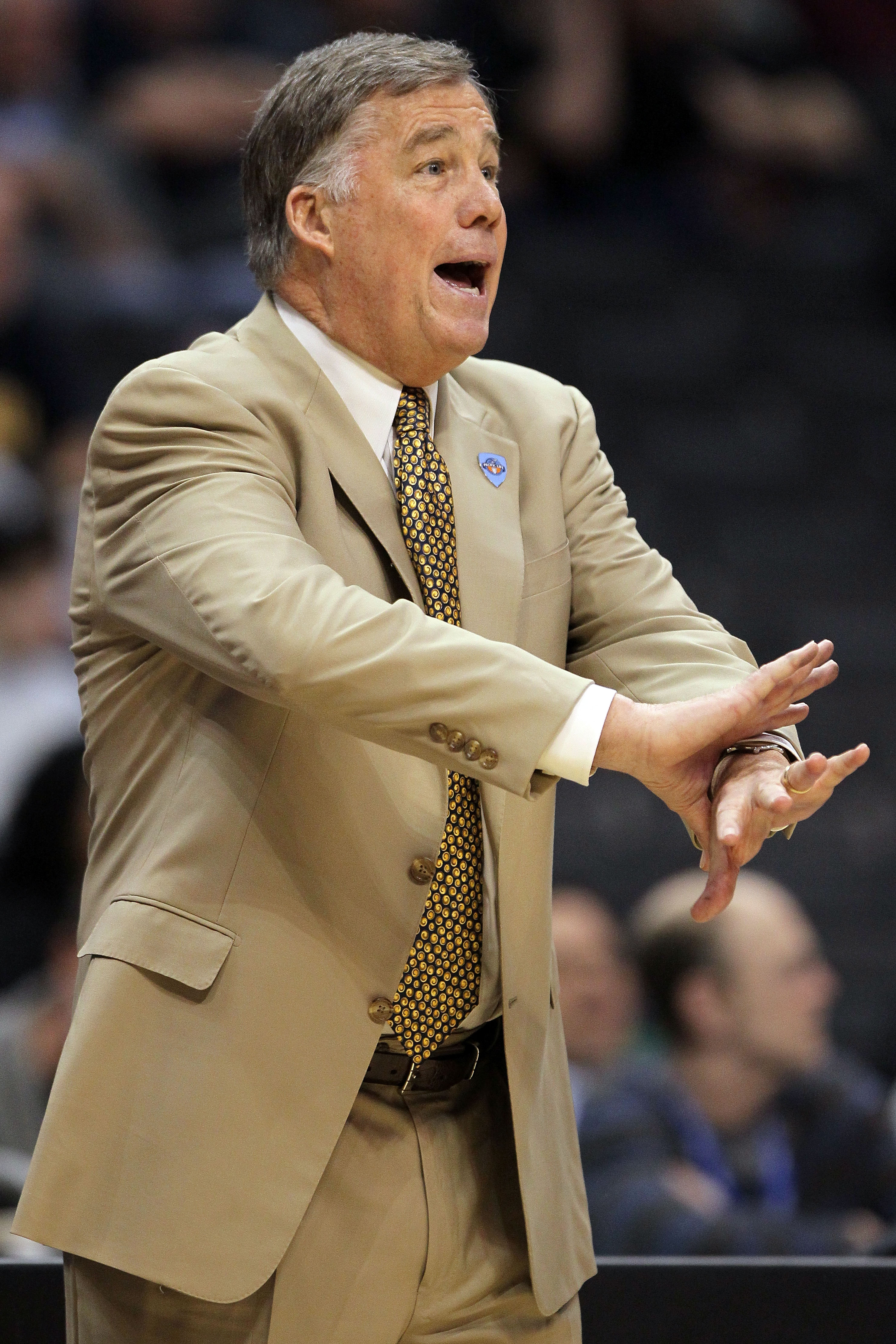 LOS ANGELES, CA - MARCH 10:  Head coach Mike Montgomery of the California Golden Bears reacts in the first half while taking on the USC Trojans in the quarterfinals of the 2011 Pacific Life Pac-10 Men's Basketball Tournament at Staples Center on March 10,