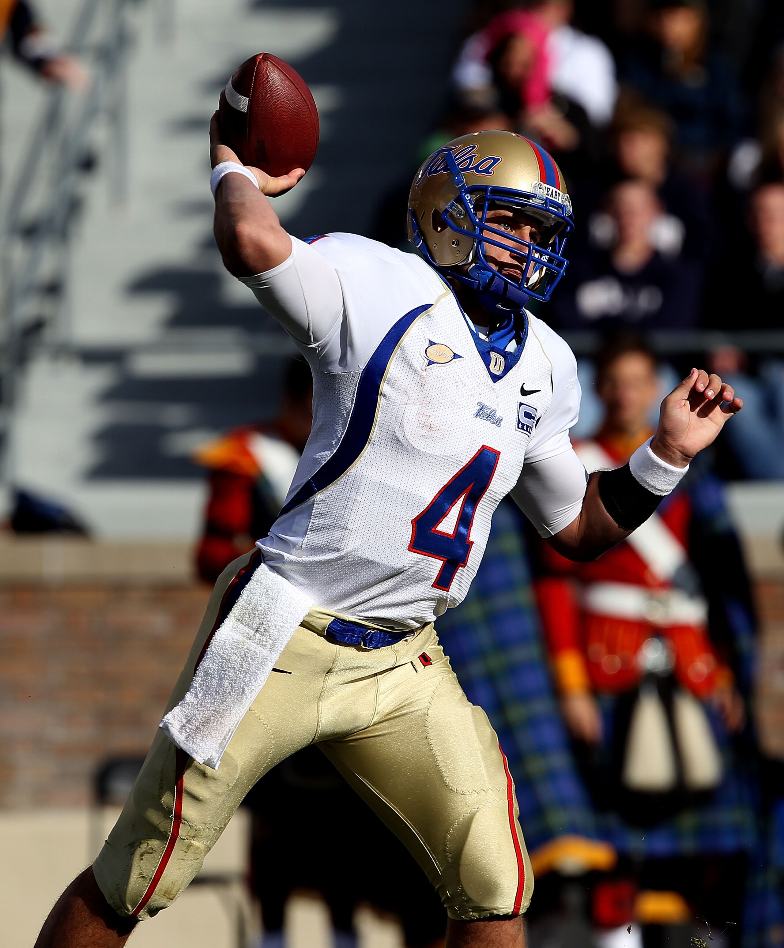 SOUTH BEND, IN - OCTOBER 30: G.J. Kinne #4 of the Tulsa Golden Hurricane throws a pass against the Notre Dame Fighting Irish rushes at Notre Dame Stadium on October 30, 2010 in South Bend, Indiana. Tulsa defeated Notre Dame 28-27. (Photo by Jonathan Danie
