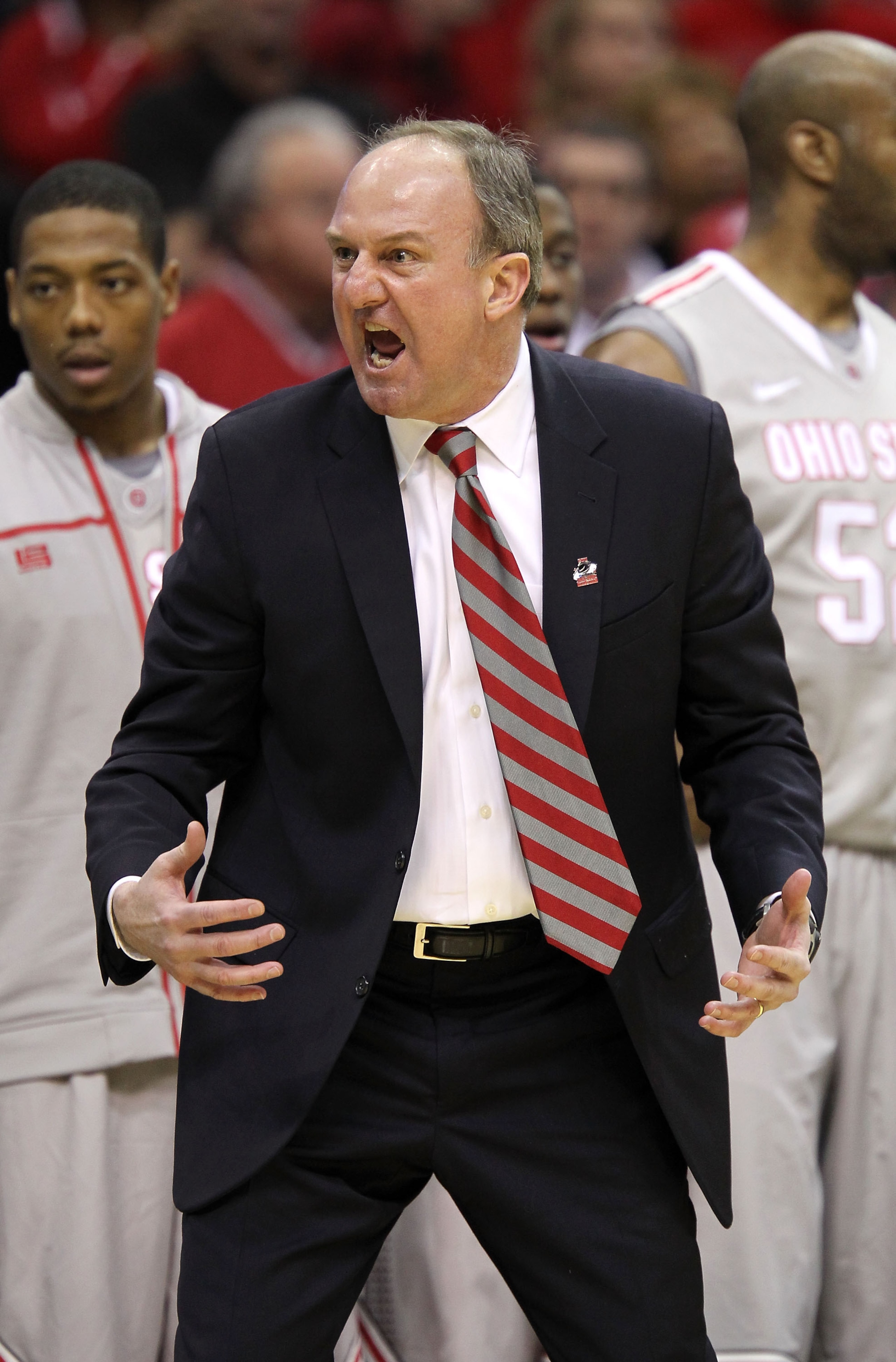 CLEVELAND, OH - MARCH 20: Head coach Thad Matta of the Ohio State Buckeyes reacts on the bench during the game against the George Mason Patriots during the third of the 2011 NCAA men's basketball tournament at Quicken Loans Arena on March 20, 2011 in Clev