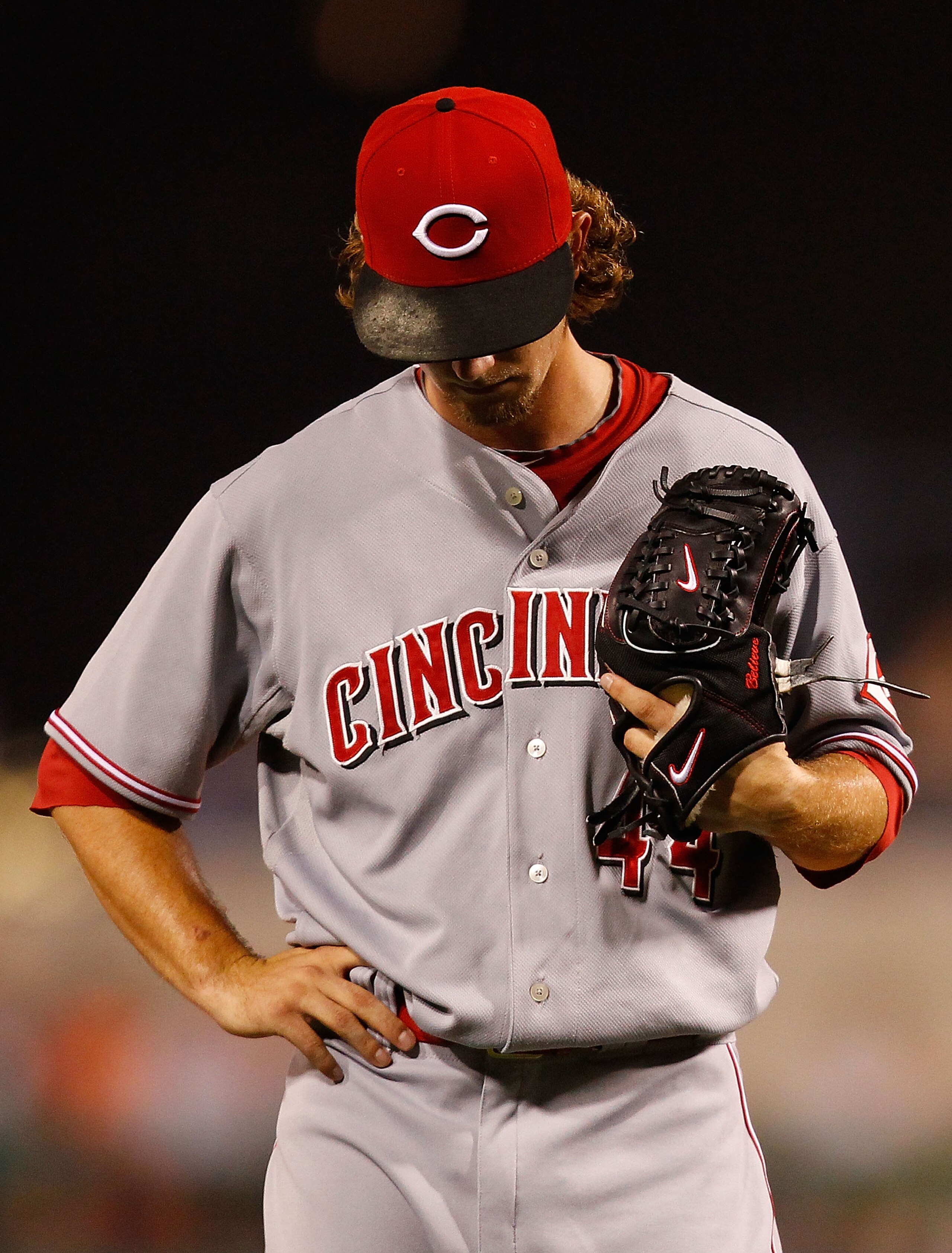 PITTSBURGH - AUGUST 03:  Mike Leake #44 of the Cincinnati Reds looks on after he hit Andrew McCutchen #22 of the Pittsburgh Pirates with a pitch during the game on August 3, 2010 at PNC Park in Pittsburgh, Pennsylvania.  (Photo by Jared Wickerham/Getty Im