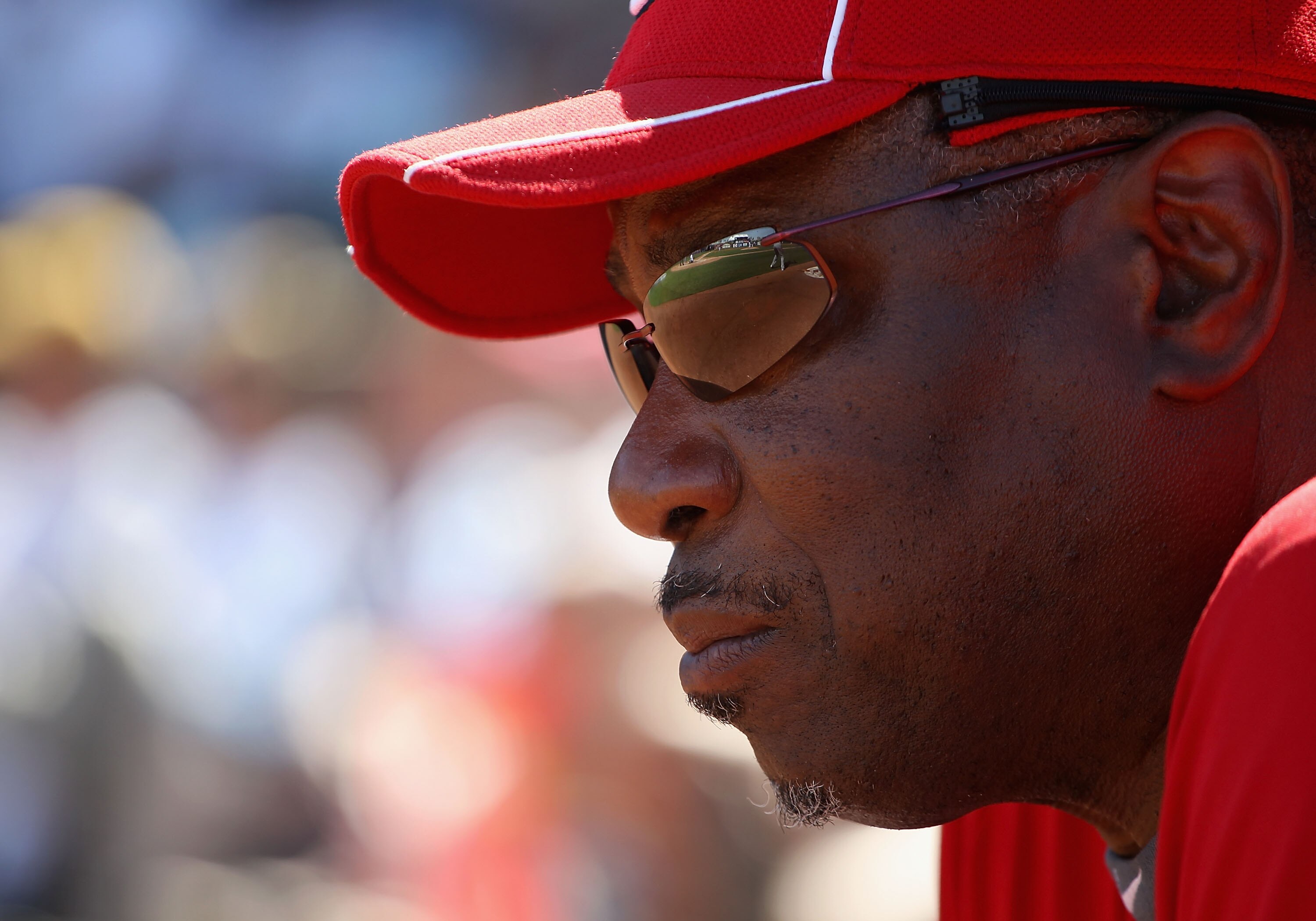 SURPRISE, AZ - MARCH 11:  Manager Dusty Baker of the Cincinnati Reds looks on during the spring training game against the Texas Rangers at Surprise Stadium on March 11, 2011 in Surprise, Arizona.  (Photo by Christian Petersen/Getty Images)