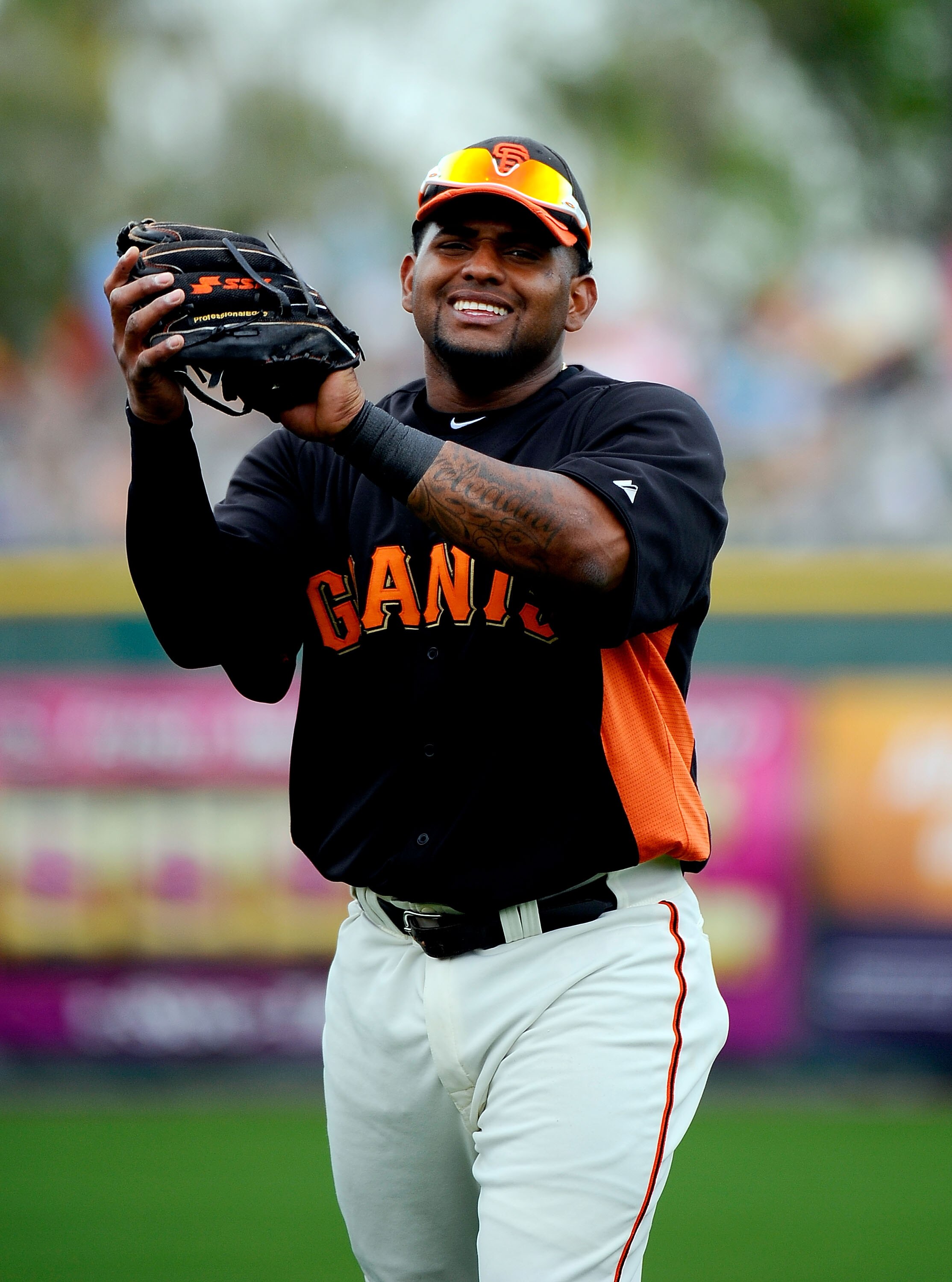 SCOTTSDALE, AZ - MARCH 14:  Pablo Sandoval #48 of the San Francisco Giants warms up before playing against the Milwaukee Brewers in the spring training baseball game at Scottsdale Stadium on March 14, 2011 in Scottsdale, Arizona.  (Photo by Kevork Djansez