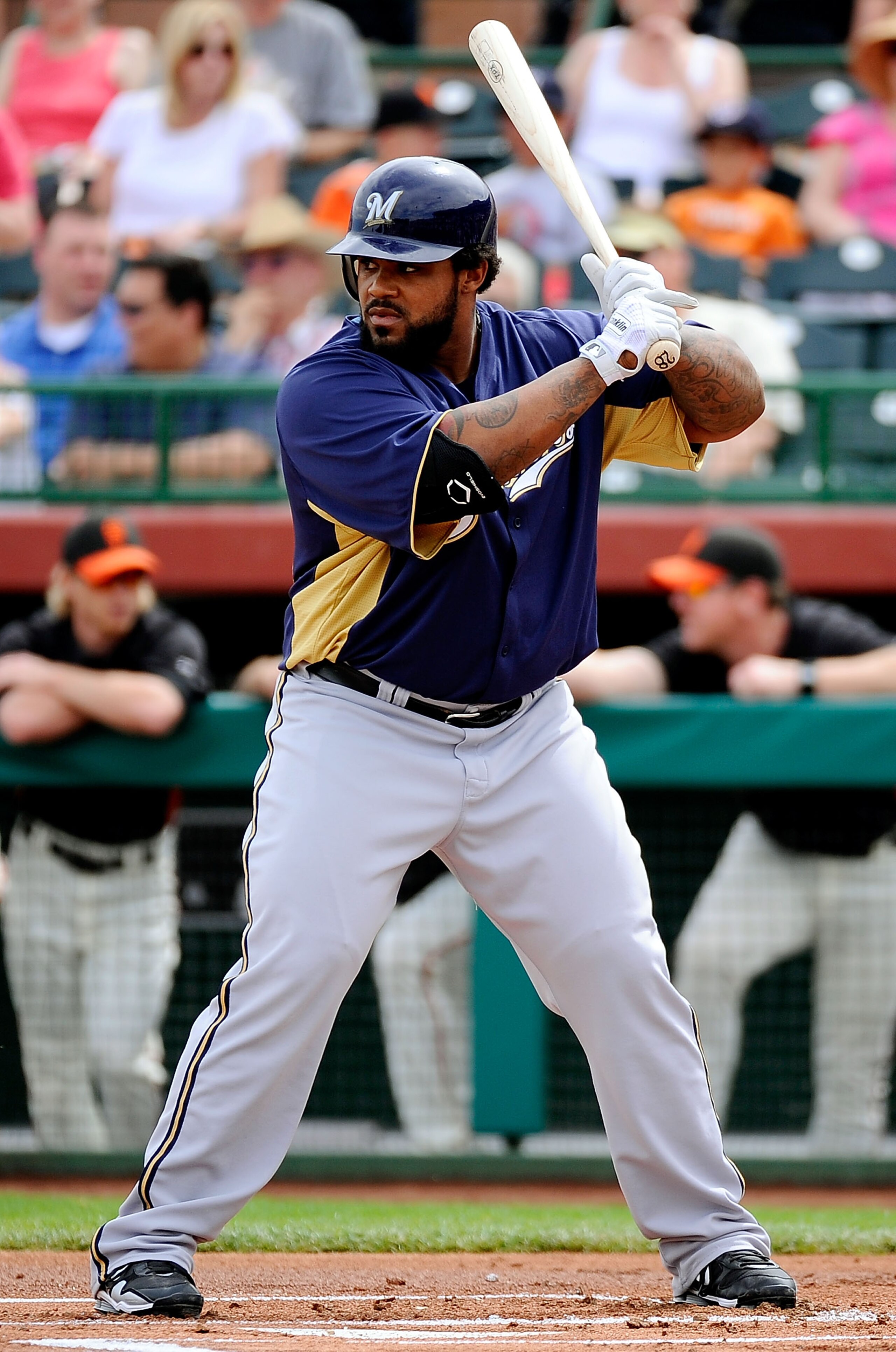 SCOTTSDALE, AZ - MARCH 14:  Prince Fielder#28 of the Milwaukee Brewers at bat against the San Francisco Giants during the spring training baseball game at Scottsdale Stadium on March 14, 2011 in Scottsdale, Arizona.  (Photo by Kevork Djansezian/Getty Imag