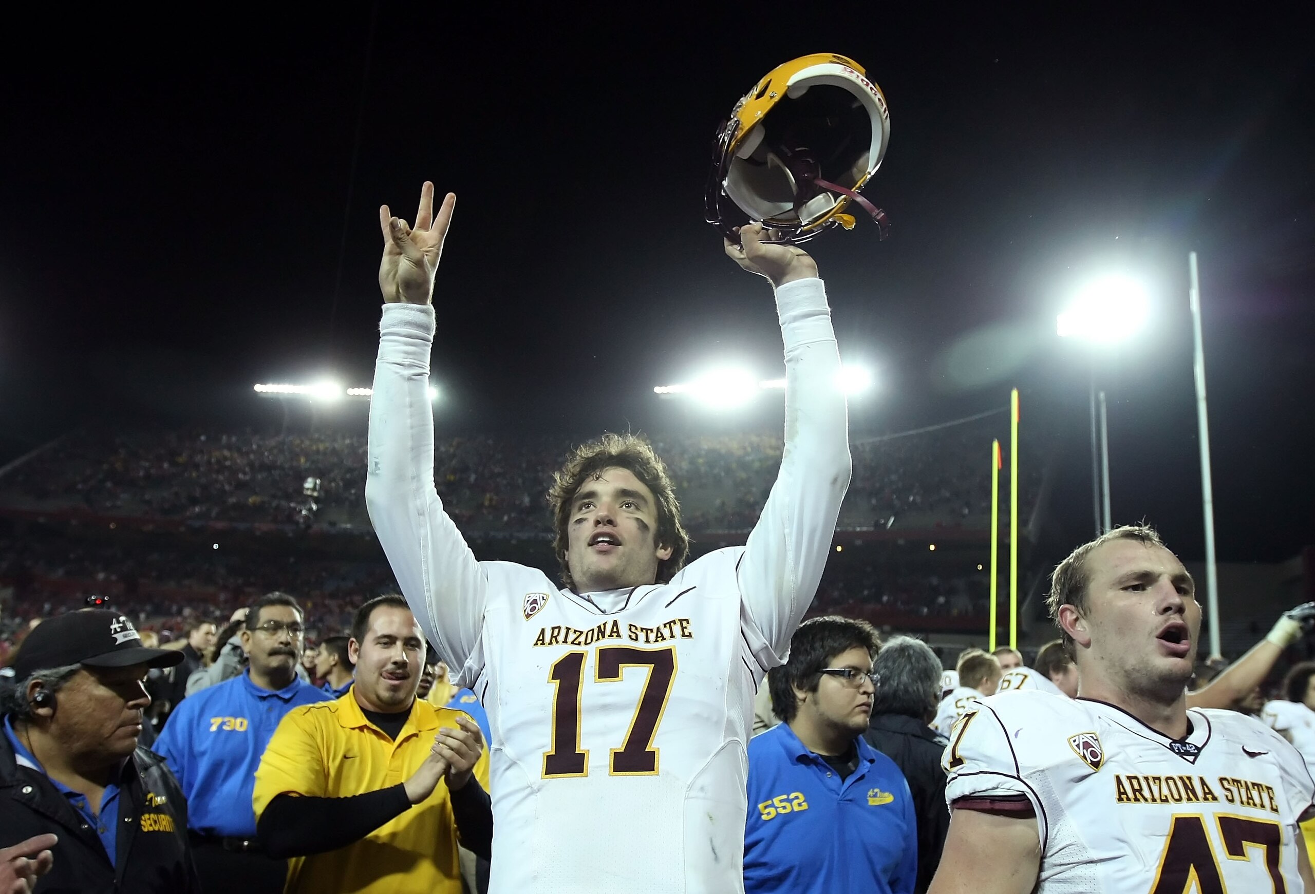 TUCSON, AZ - DECEMBER 02: Quarterback Brock Osweiler #17 of the Arizona State Sun Devils celebrates after defeating the Arizona Wildcats in college football game at Arizona Stadium on December 2, 2010 in Tucson, Arizona. The Sun Devils defeated the Wildc TUCSON, AZ - DECEMBER 02: Quarterback Brock Osweiler #17 of the Arizona State Sun Devils celebrates after defeating the Arizona Wildcats in college football game at Arizona Stadium on December 2, 2010 in Tucson, Arizona. The Sun Devils defeated the Wildc