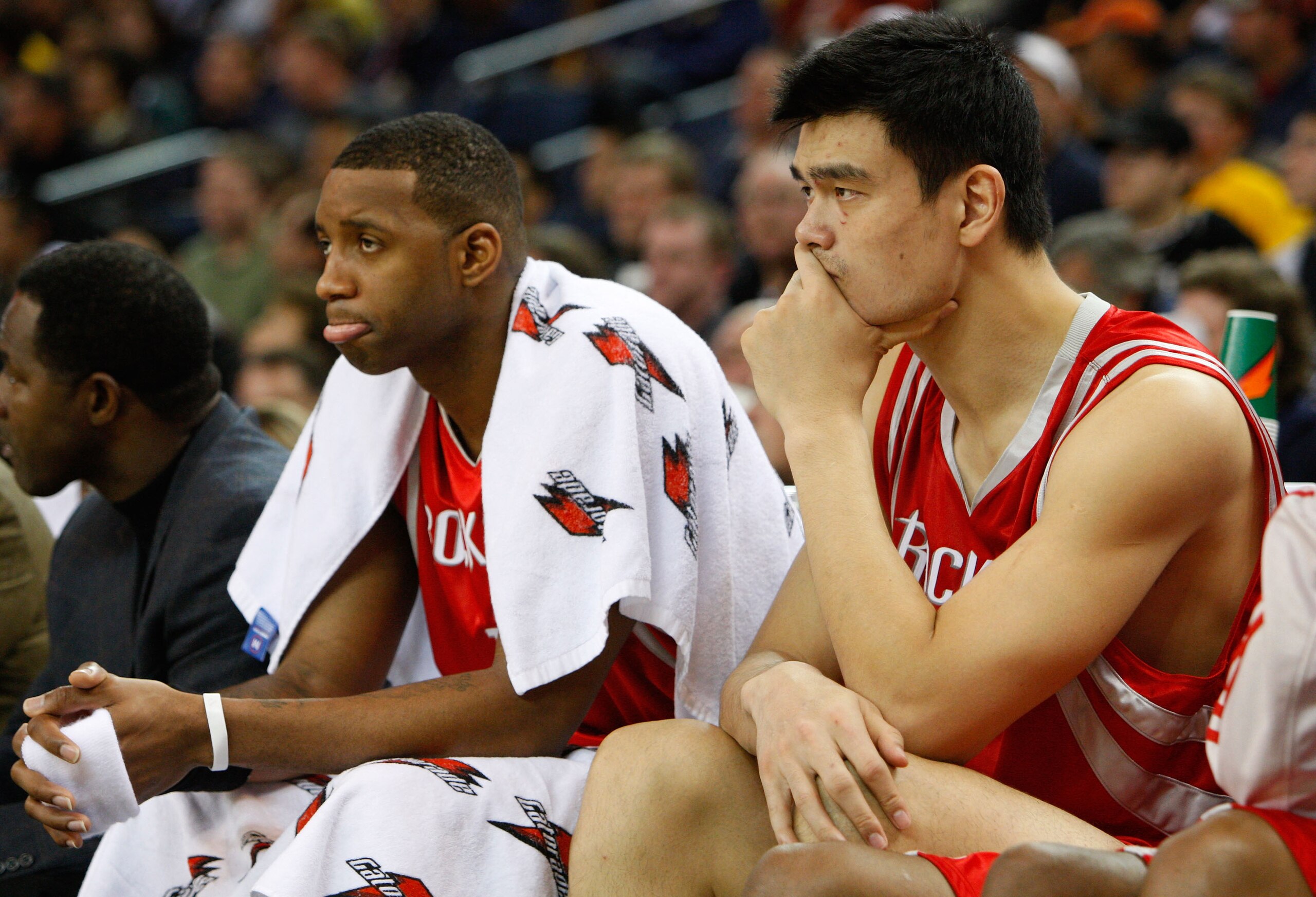 OAKLAND, CA - NOVEMBER 29:  Yao Ming #11 and Tracy McGrady #1 of the Houston Rockets look on at the end of the game against the Golden State Warriors  November 29, 2007 at the Oracle Arena in Oakland, California. The Warriors beat the Rockets 113-94. NOTE