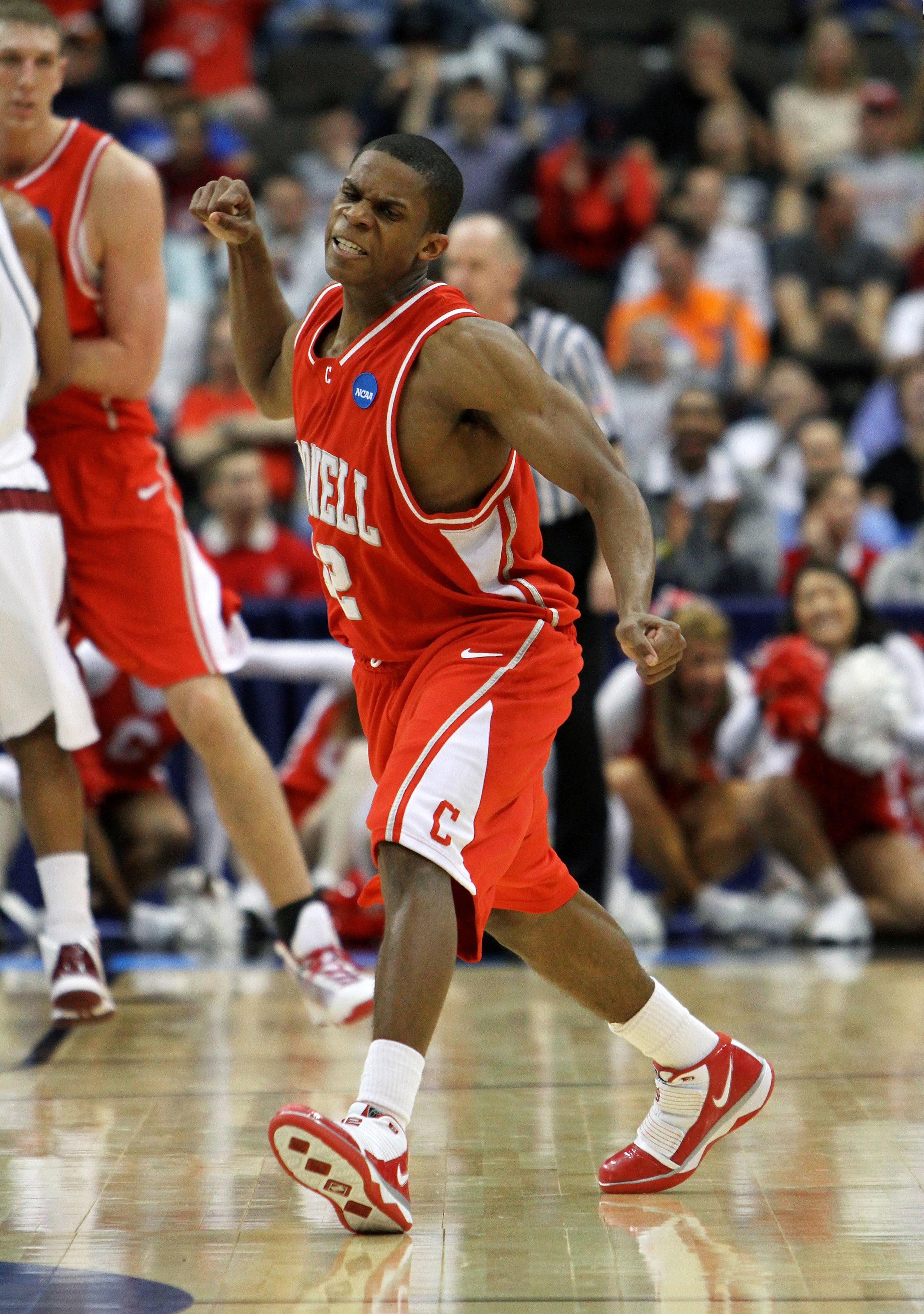 JACKSONVILLE, FL - MARCH 19:  Louis Dale #12 of the Cornell Big Red celebrates after making a three-point basket against the Temple Owls during the first round of the 2010 NCAA men's basketball tournament at Jacksonville Veteran's Memorial Arena on March
