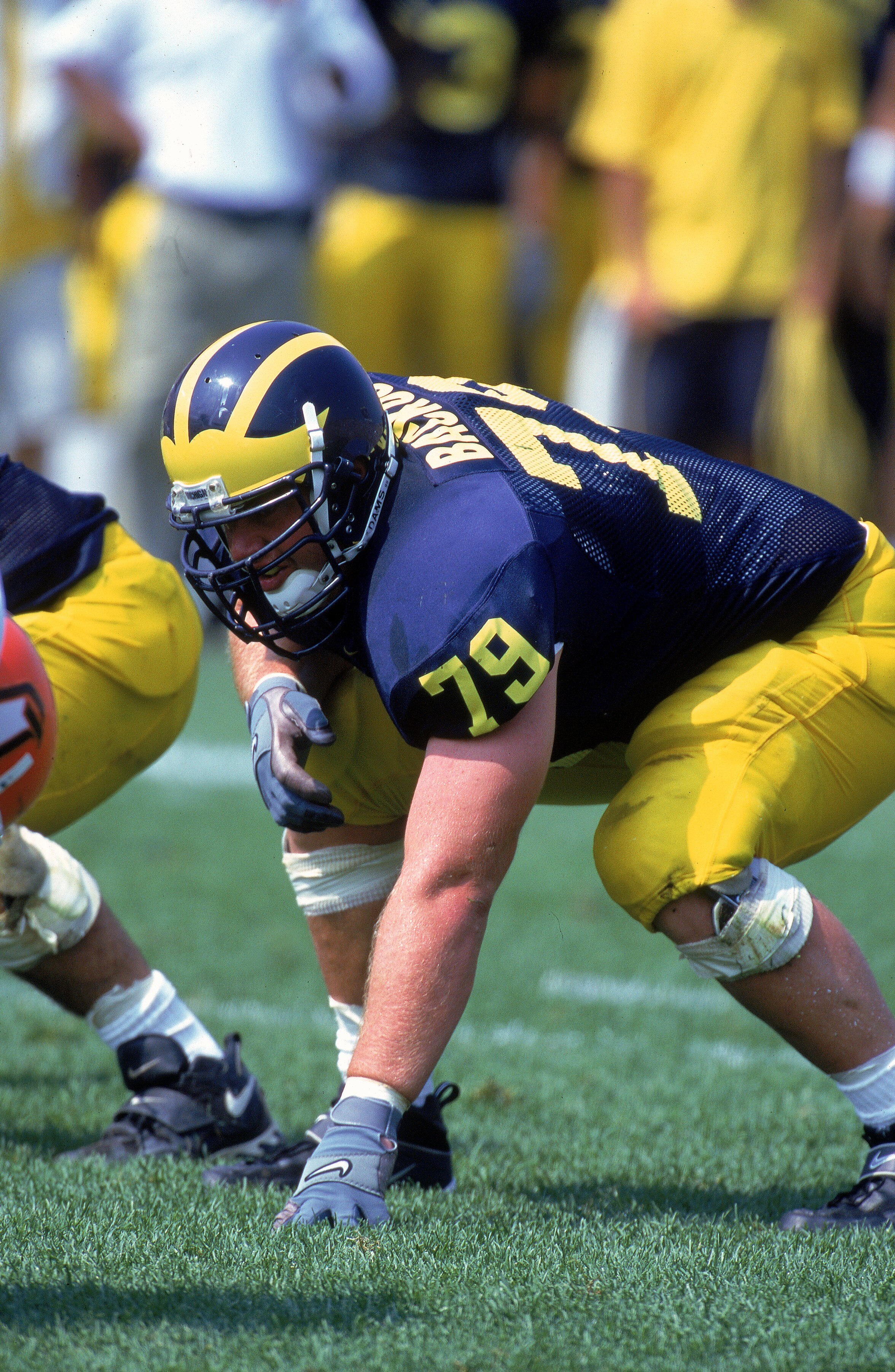 2 Sep 2000:  Jeff Backus #79 of the Michigan Wolverines is ready on the field during the game against the Bowling Green Falcons at the Michigan Stadium in Ann Arbor, Michigan. The Wolverines defeated the Falcons 42-7.Mandatory Credit: Jonathan Daniel  /Al