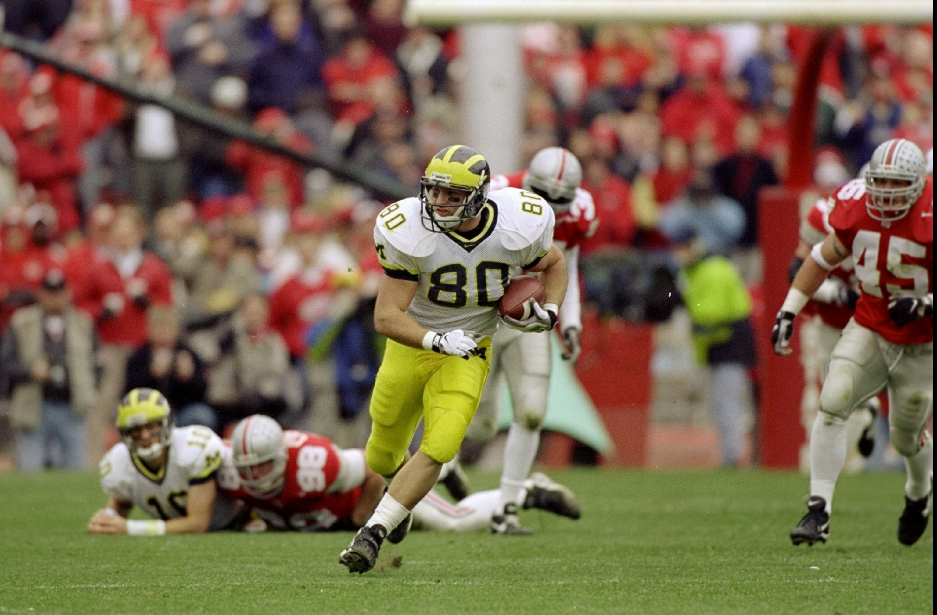 21 Nov 1998:  Tight end Jerame Tuman #80 of the Michigan Wolverines in action during the game against the Ohio State Buckeyes at the Ohio Stadium in Columbus, Ohio. The Buckeyes defeated the Wolverines 31-16. Mandatory Credit: Rick Stewart  /Allsport