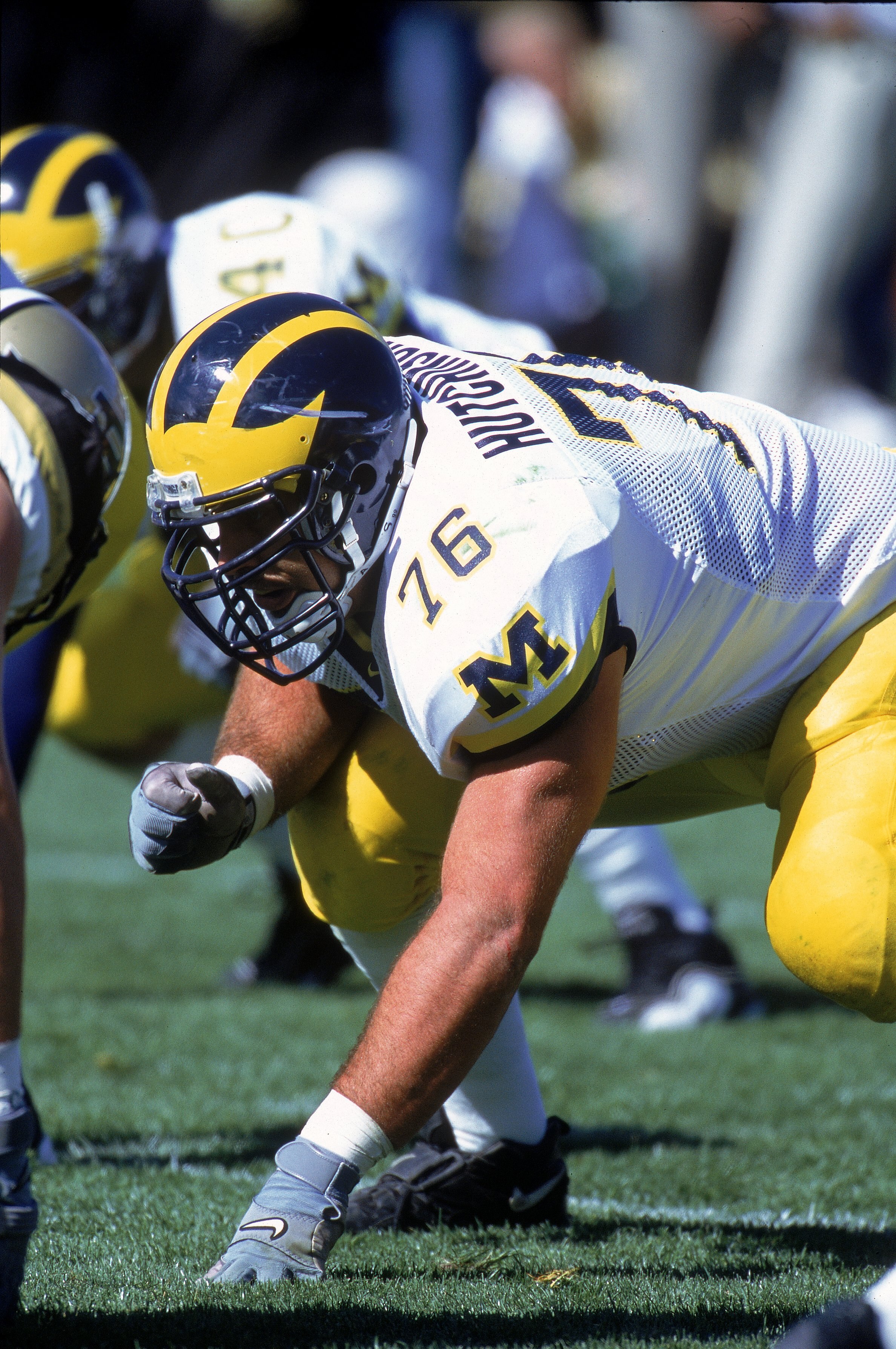 7 Oct 2000:  Steve Hutchinson #76 of the Michigan Wolverines is ready for the hike during the game against the Purdue Boilermakers at the Ross-Ade Stadium in West Lafayette, Indiana.  The Boilermakers defeated the Wolerines 23-22.Mandatory Credit: Jonatha