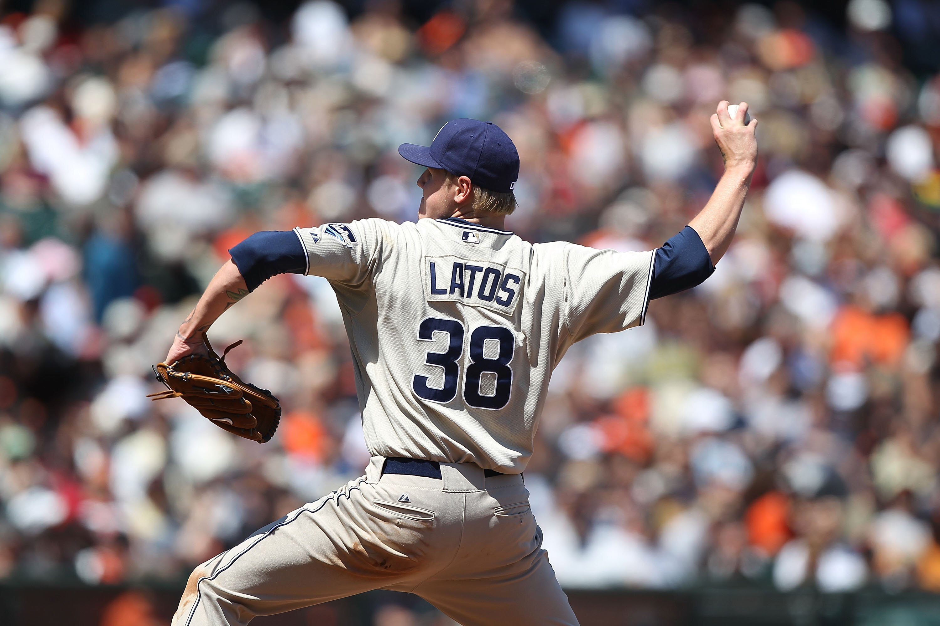 SAN FRANCISCO - MAY 13:  Mat Latos #38 of the San Diego Padres pitches against the San Francisco Giants during an MLB game at AT&T Park on May 13, 2010 in San Francisco, California.  (Photo by Jed Jacobsohn/Getty Images)