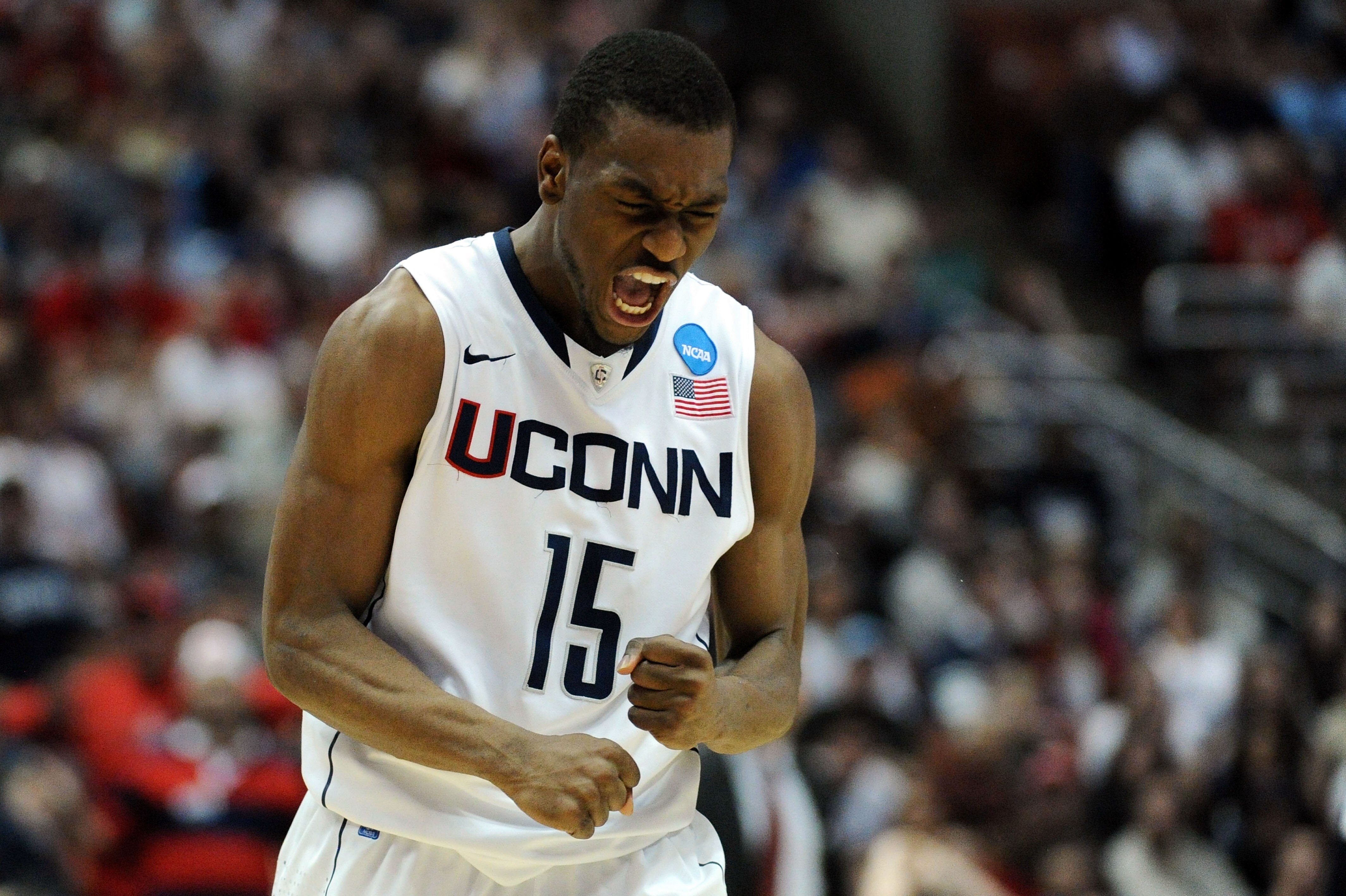 ANAHEIM, CA - MARCH 26:  Kemba Walker #15 of the Connecticut Huskies celebrates after a play towards the end of the game against the Arizona Wildcats during the west regional final of the 2011 NCAA men's basketball tournament at the Honda Center on March