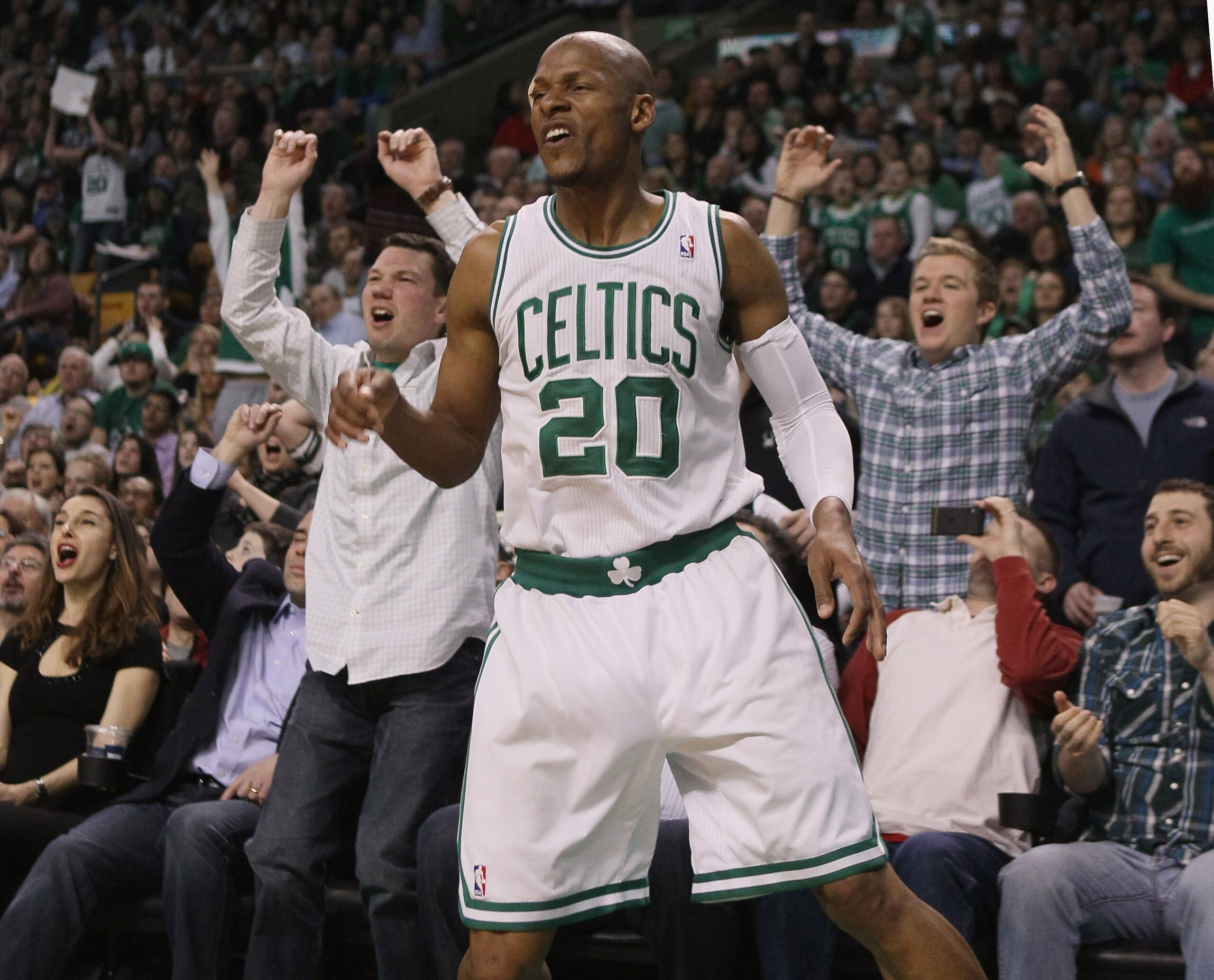 BOSTON, MA - MARCH 23:  Ray Allen #20 of the Boston Celtics and the fans react after he misses a three point shot in the fourth quarter against the Memphis Grizzlies on March 23, 2011 at the TD Garden in Boston, Massachusetts.  The Memphis Grizzlies defea