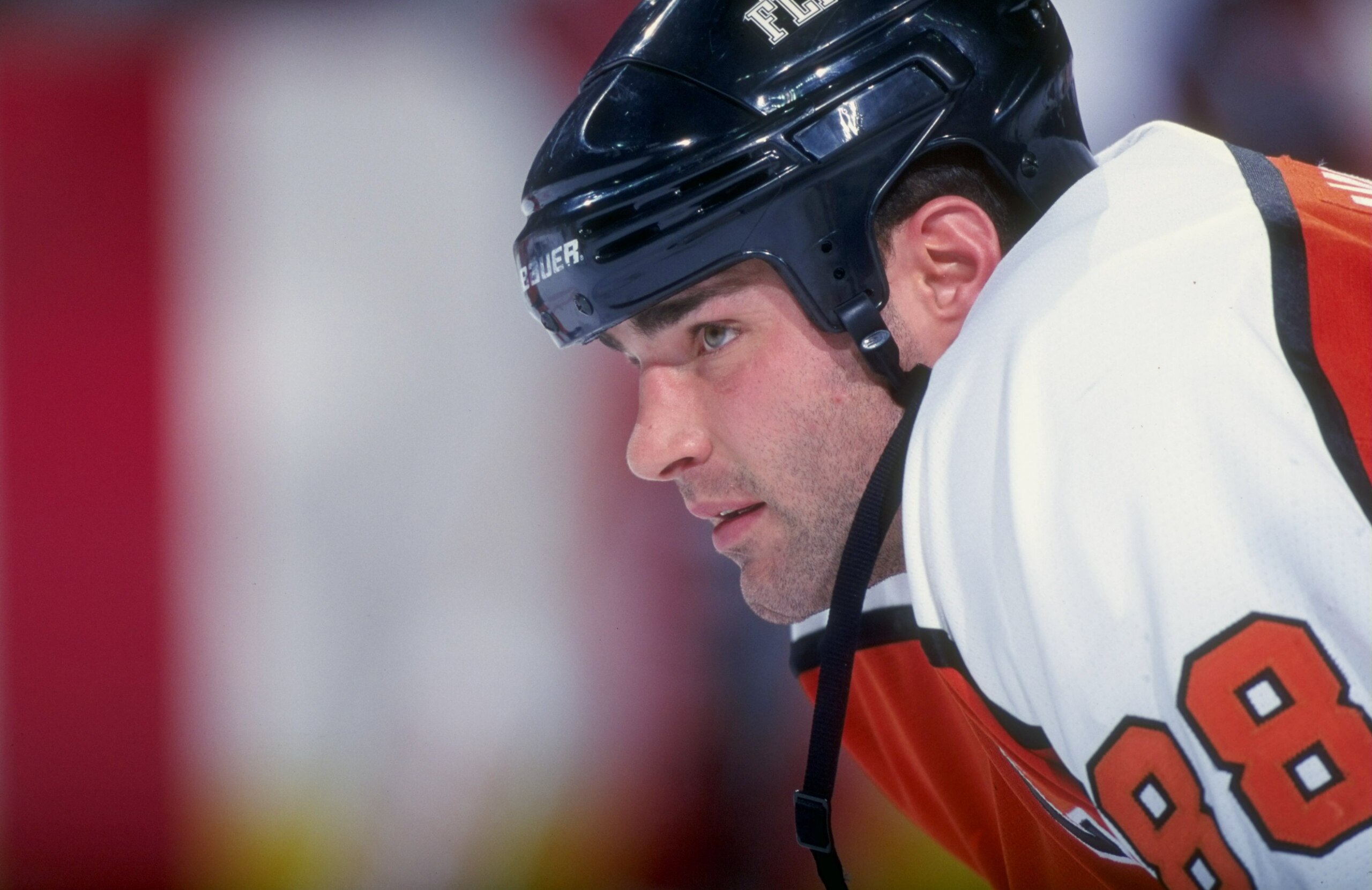 4 Dec 1998: Eric Lindros #88 of the Philadelphia Flyers waits on the ice during the game against the Buffalo Sabres at the Marine Midland Arena in Buffalo, New York. The Sabres defeated the Flyers 3-1. Mandatory Credit: Rick Stewart  /Allsport